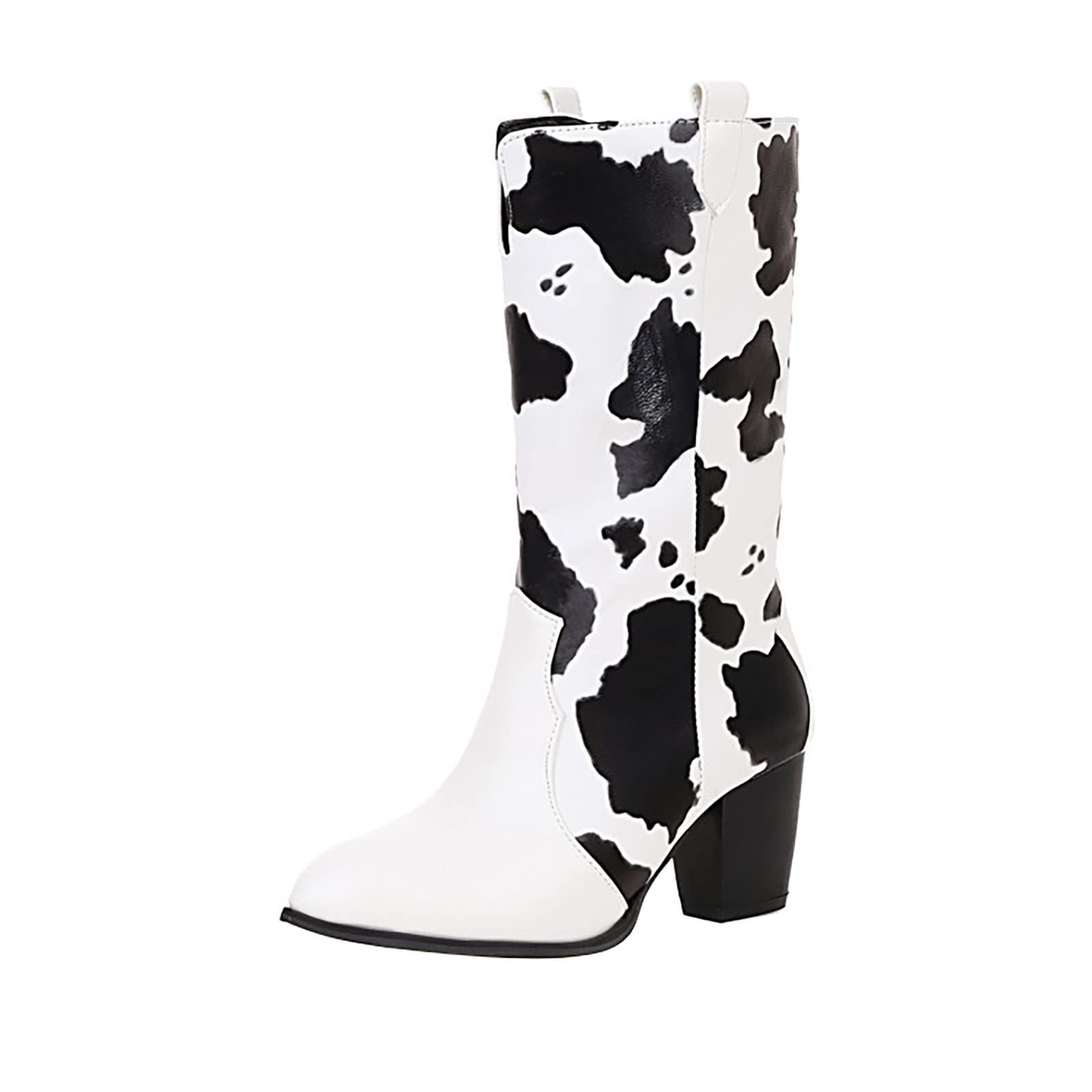 Western Cow Print High-Heeled Boots for Women - Thick Cowboy Boots with Pointed Toe & Mid Calf Height | Perfect for Country Rides, Rodeo Events & Fashion Outfits