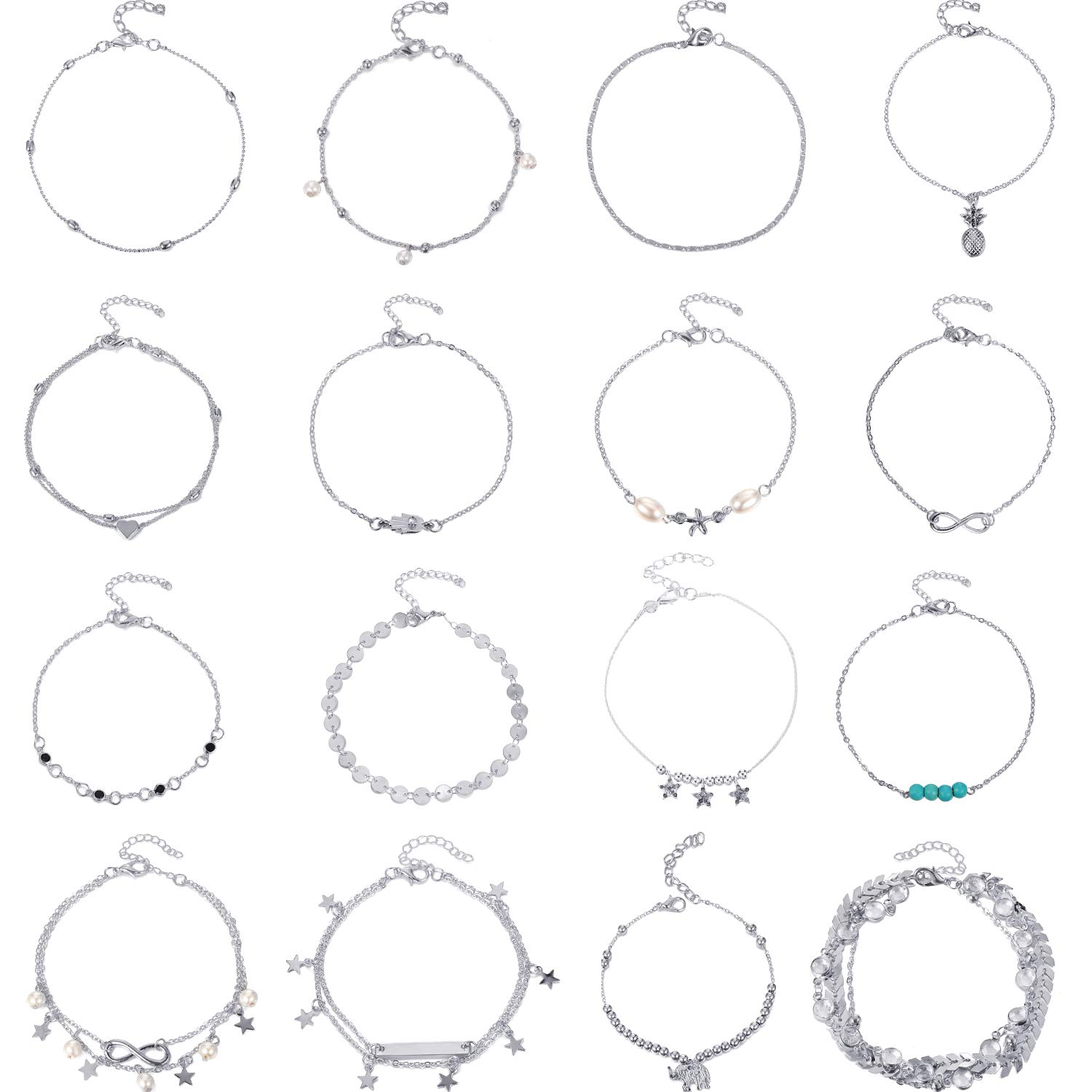16Pcs Adjustable Boho Beach Ankle Bracelets for Women - Stylish Anklet Chains Foot Jewelry Set - Perfect for Summer, Vacations & Music Festivals