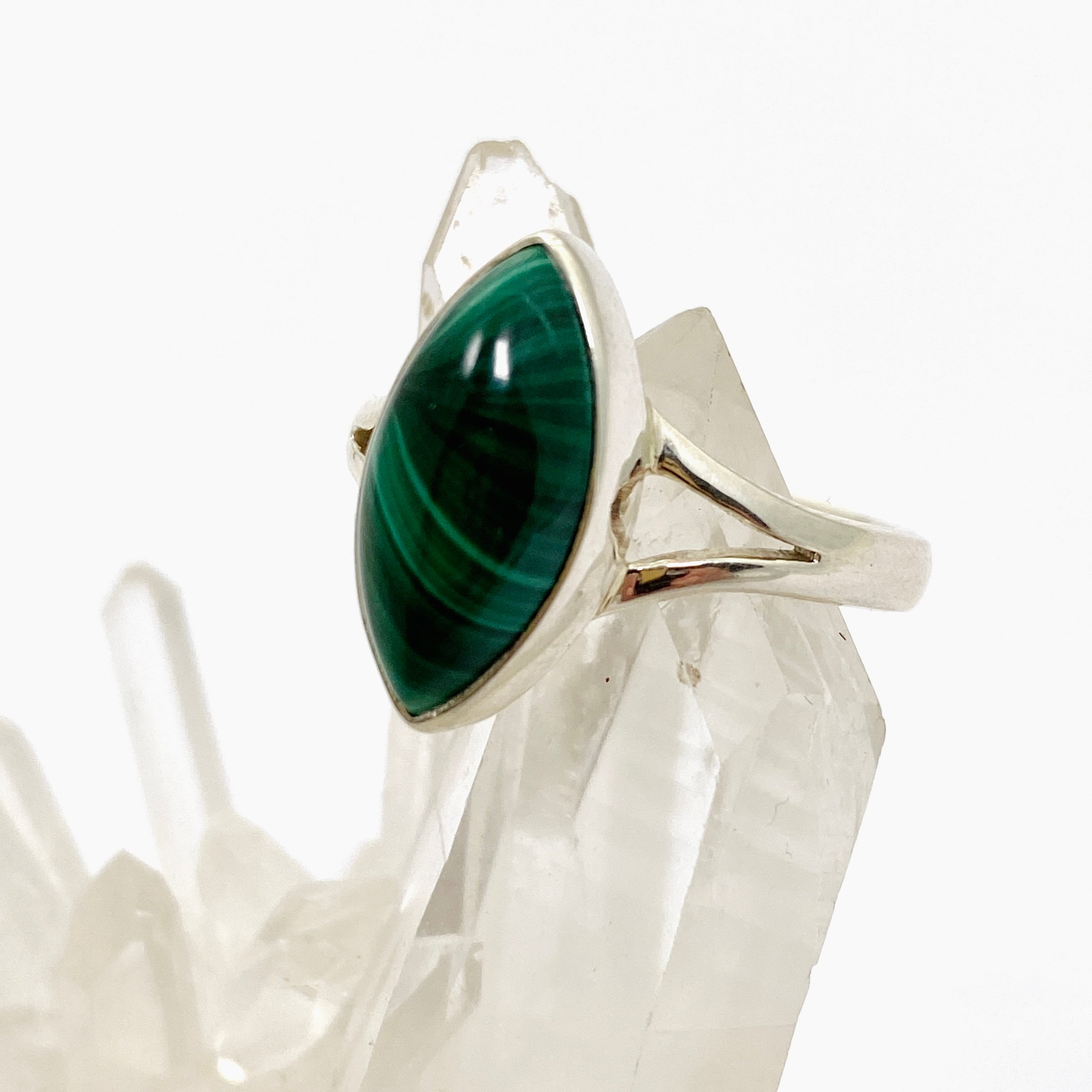 Natural Malachite Marquise Cabochon Split Band Ring - Size 9 - KRGJ3370 - Elegant Green Stone Jewelry for Women, Perfect for Weddings, Parties & Special Occasions