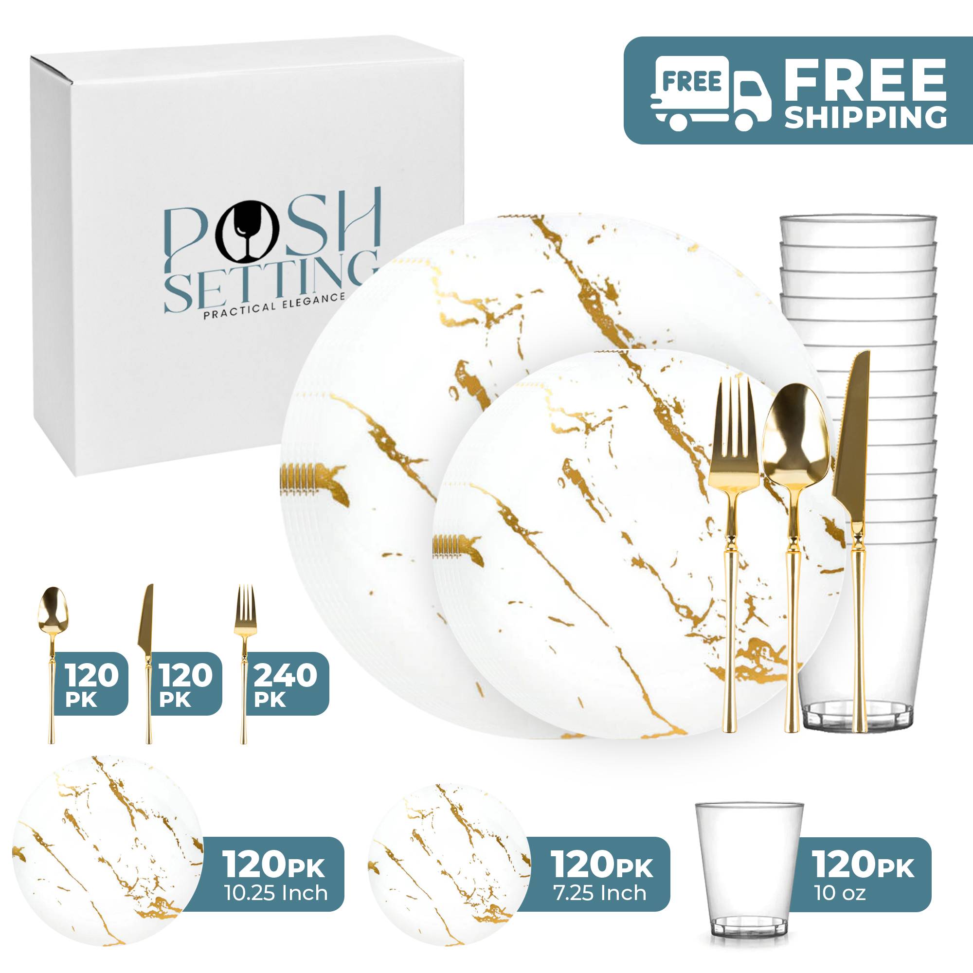 White and Gold Plastic Party Bundle - Elegant Disposable Tableware Set for Birthdays, Weddings & Events - Perfect for Celebrations, Gatherings & Special Occasions
