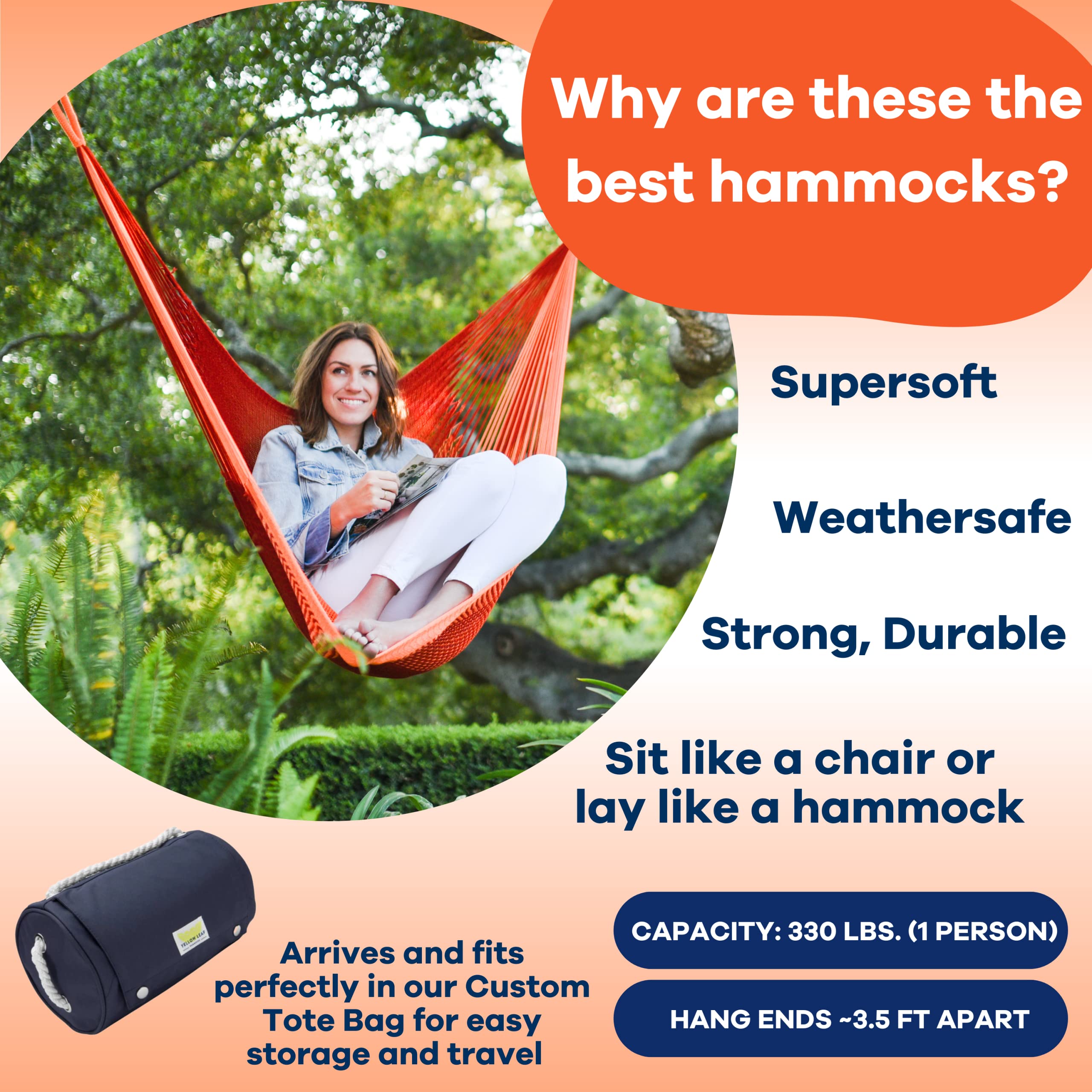 Yellow Leaf Hammocks Handwoven Hanging Chair - 330lb Weight Capacity, Ultra Soft & Weatherproof for Outdoor Relaxation - Perfect for Backyards, Patios & Indoor Lounging - Red-Orange Boho Style Hammock Chair