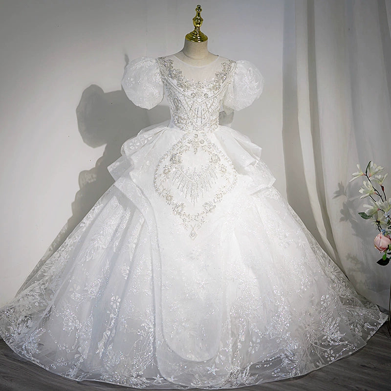 Sparkling White Princess Round Floor Length Sequined Flower Girl Dress for Weddings, Pageants & Special Occasions