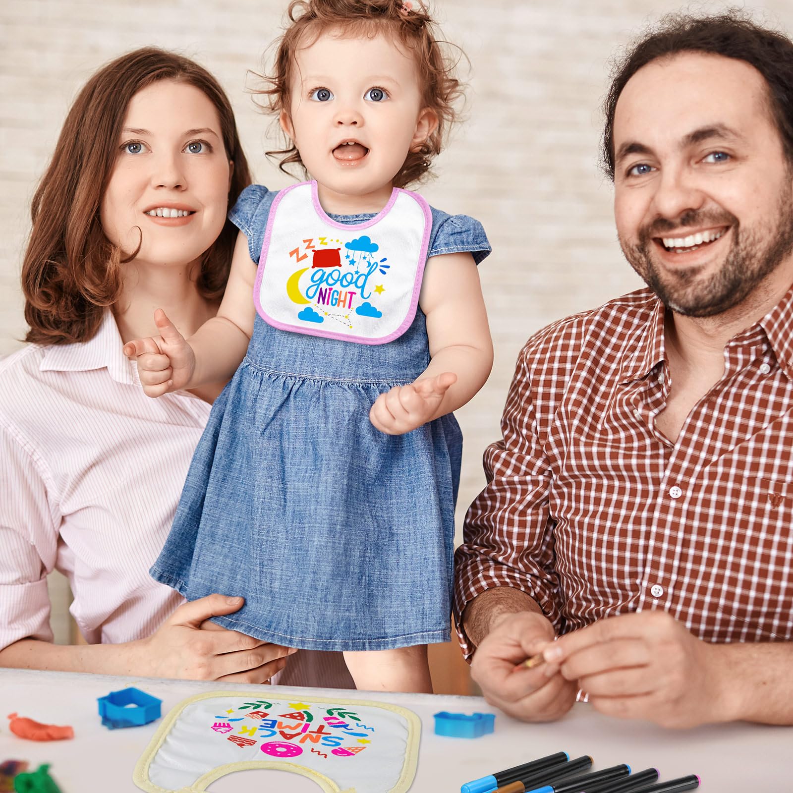 Jutom 38-Piece DIY Baby Bib Decorating Kit - 14 Bibs, 14 Stencils & 10 Fabric Markers with 2-Ply Feeder Bibs - Perfect for Baby Shower Games, Newborn Gifts & Creative Crafting