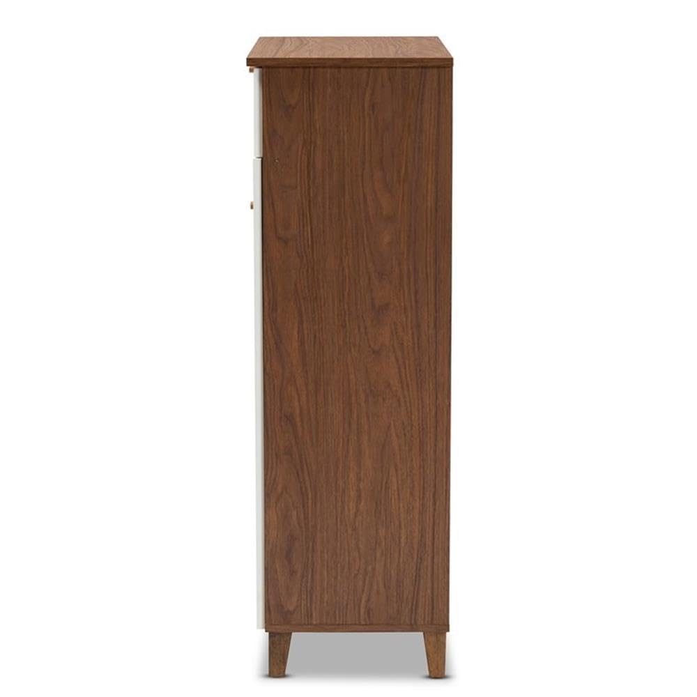 BOWERY HILL Modern 5-Shelf Shoe Storage Cabinet with Drawer - White & Walnut Wooden Shoe Organizer for Entryway, Closet, and Bedroom Organization