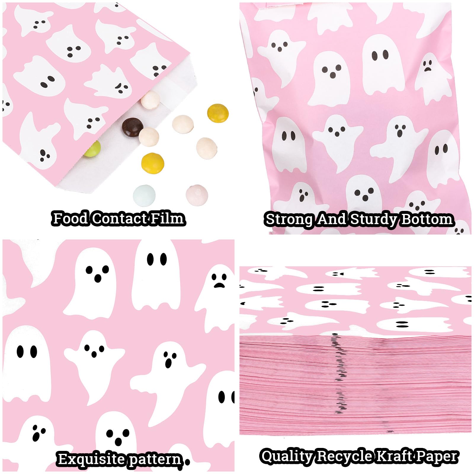 100Pcs Halloween Treat Bags 5x7.3 Inch - Cute Pink & White Ghost Pattern Candy Goodie Bags for Party Favors, Snacks, Cookies & Chocolates - Perfect for Halloween Parties, Trick or Treat & Buffet Events