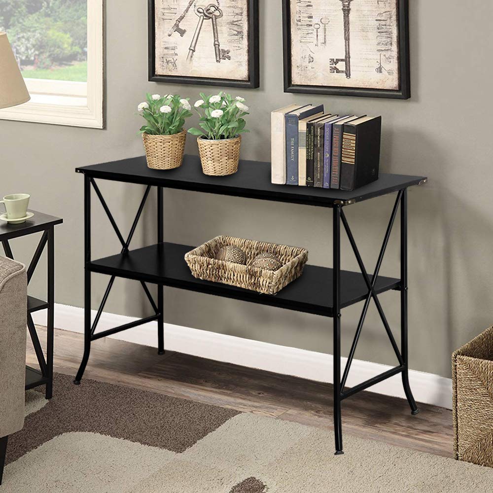 2 Tier X-Design Console Sofa Table - Modern Entryway Accent Table with Bookshelf, Perfect for Living Room, Hallway & Small Spaces - Ideal for Coffee, Snacks, Books & Home Decor Display