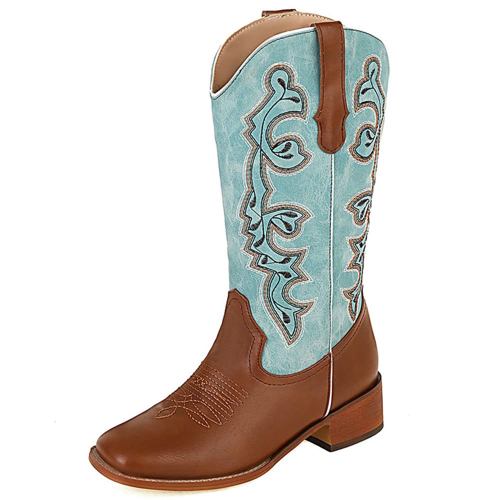 Tscoyuki Women's Floral Embroidered Cowboy Boots - Fashion Western Pointed Toe Mid Calf Boots with Chunky Low Heel | Perfect for Country Music Festivals, Rodeos & Western Style Outfits