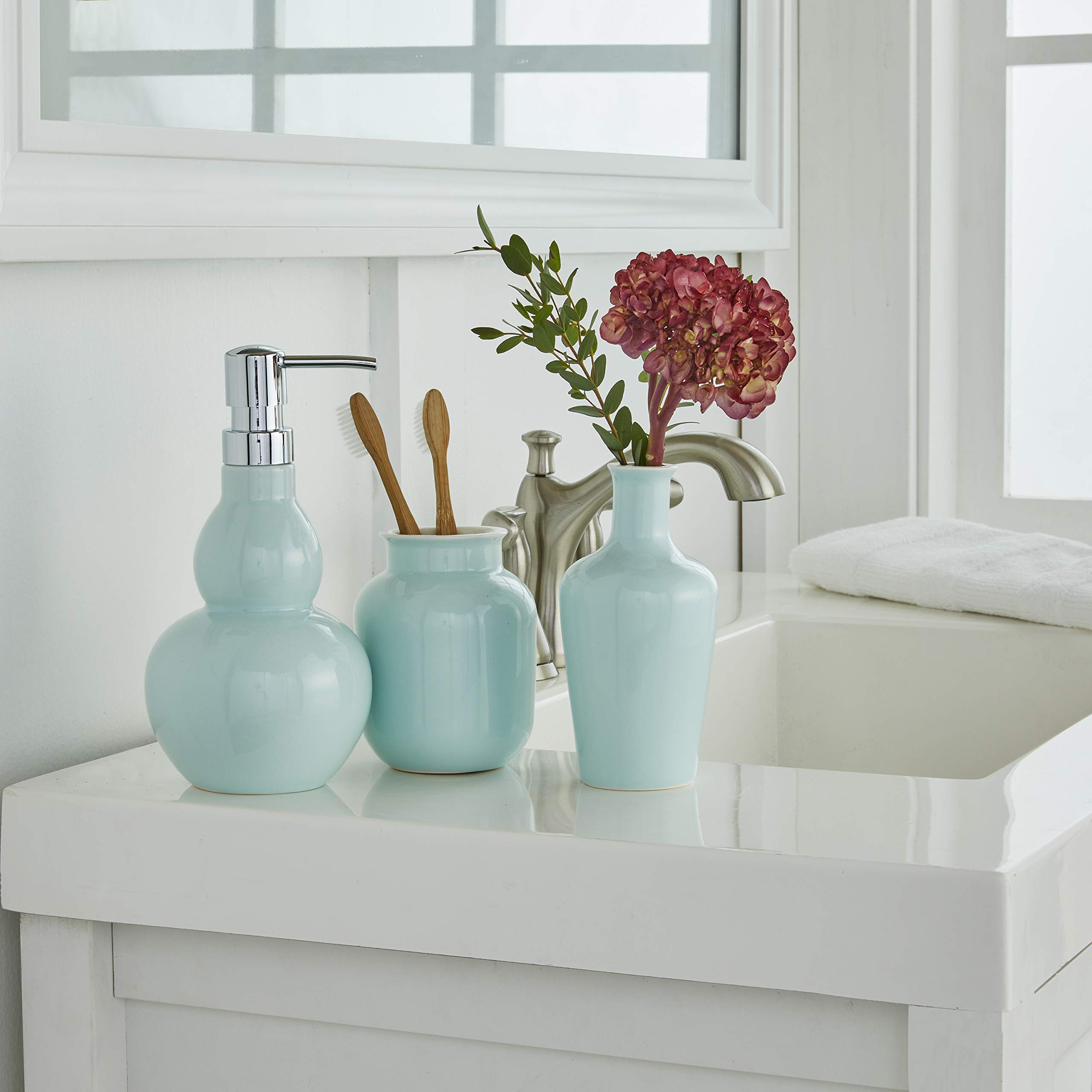 SKL Home Classic Totem Toothbrush Holder - Light Blue | Bathroom Organizer for Toothbrushes, Razors & Essentials | Modern Countertop Storage for Bath, Kitchen & Travel