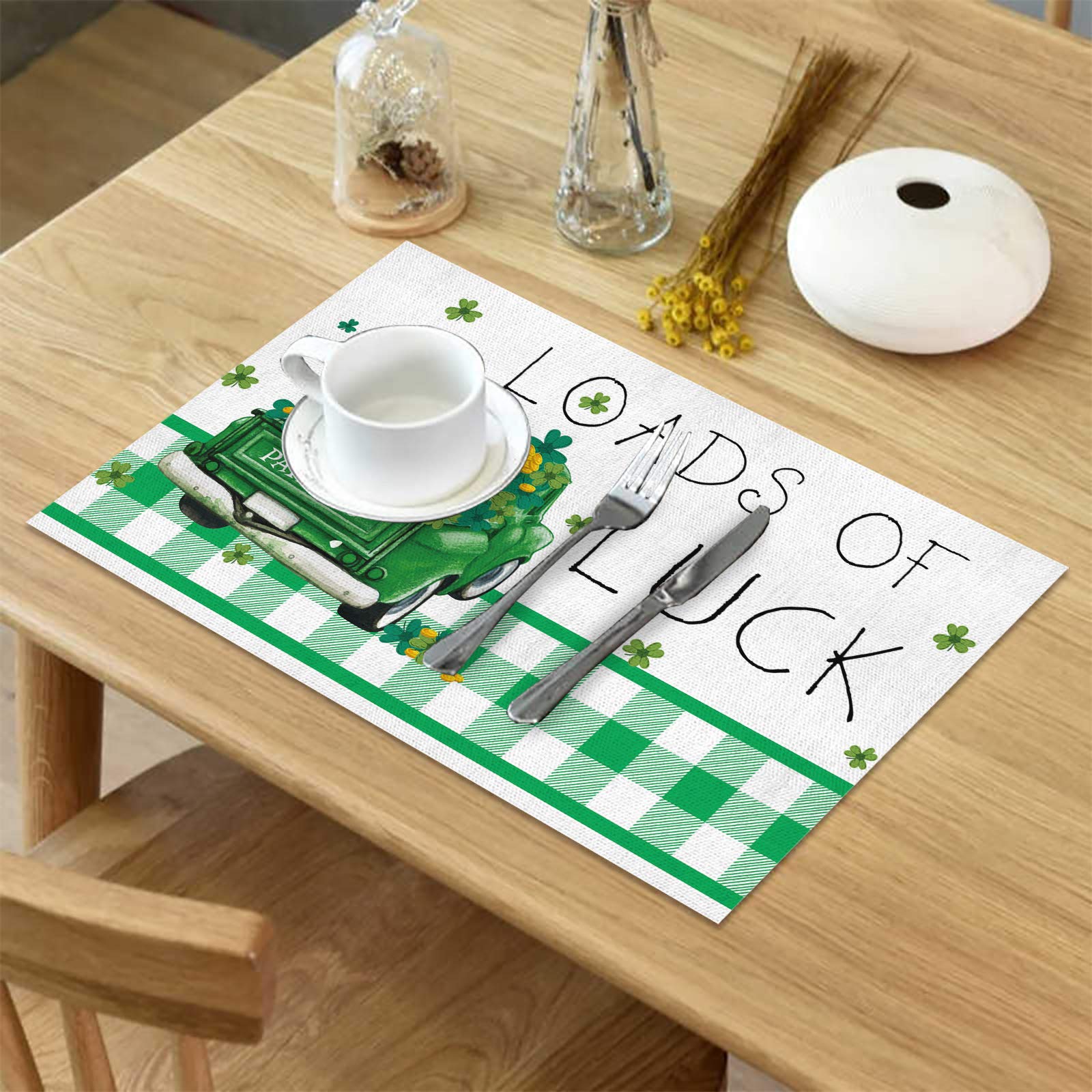 4-Pack Heat & Stain Resistant Placemats for Kitchen Dining Table - St. Patrick's Day Truck Load of Luck Shamrock Green Plaid Design - Easy to Clean - Perfect for Holiday Parties, Family Dinners & Everyday Use