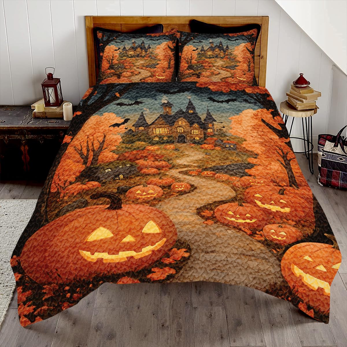 Custom King Size Fall Quilt - Autumn Queen Size Quilt with Halloween Pumpkin Pattern | Vintage Patchwork Comforter for Bedroom Decor | Cozy Seasonal Bedding for Adults, Kids & Teens | Perfect for Thanksgiving, Halloween & Winter Home Decor