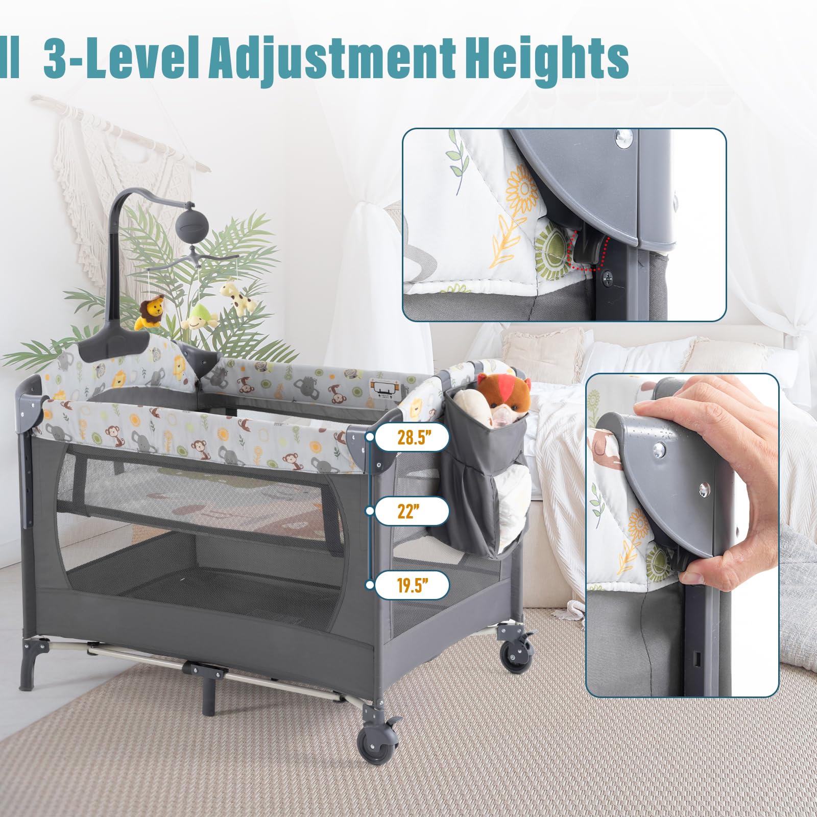 Ihoming Portable Baby Bassinet Bedside Sleeper - Convertible Crib with Changing Table & Playpen | Includes Mattress & Toys for Newborns, Infants, Boys & Girls (Gray) - Perfect for Nursery, Travel & Co-Sleeping