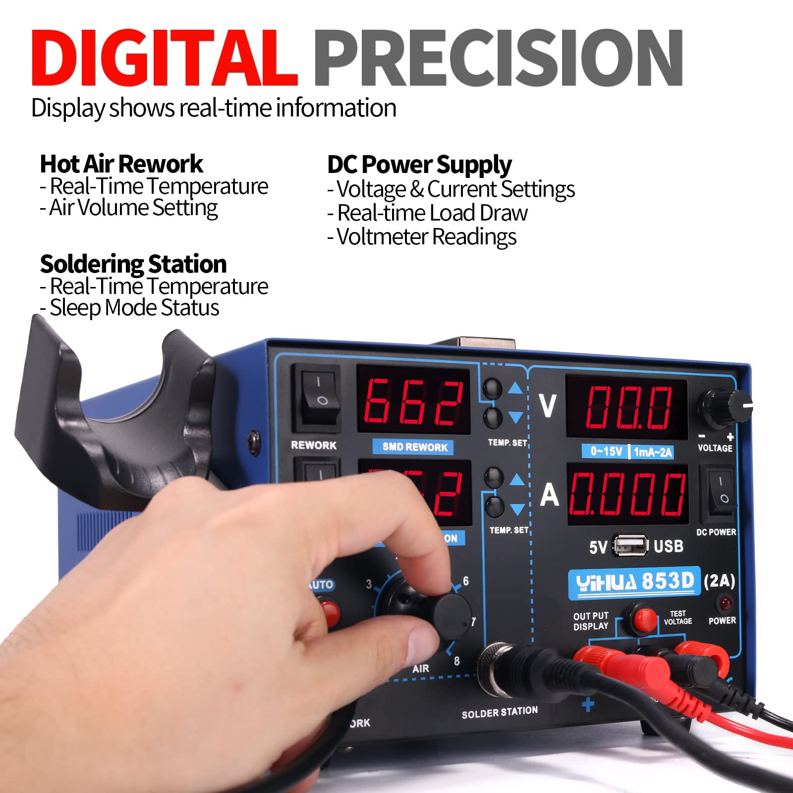 YIHUA 853D 2A USB Professional Soldering Station with Rework & Power Supply | Includes 928D-III High Power Soldering Iron, Cleaning Kit & Accessories | Perfect for Electronics Repair, DIY Projects & PCB Work