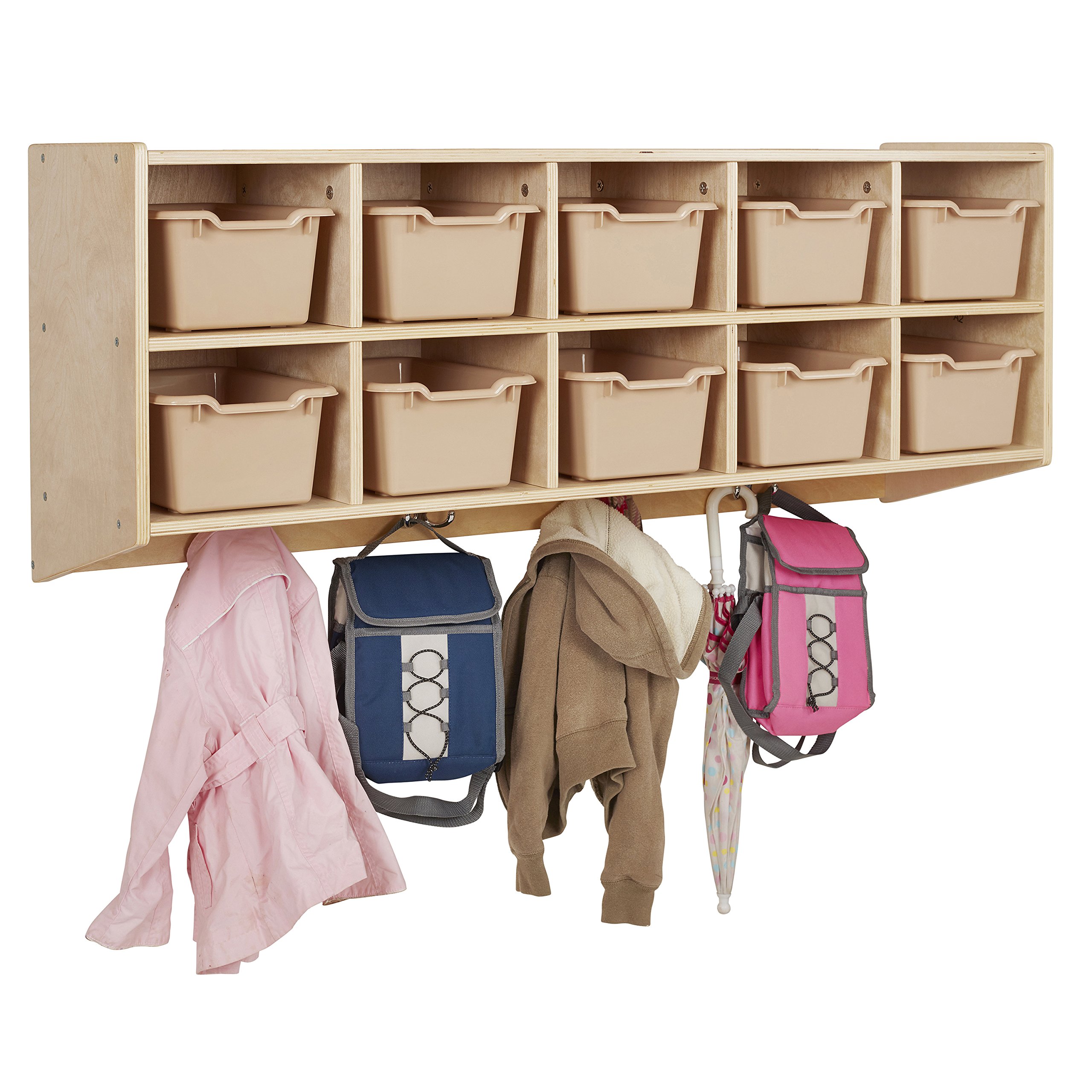 ECR4Kids 10-Section Hanging Coat Locker with Scoop Front Storage Bins - Natural Sand Color Cubby Organizer for School, Daycare & Home Entryway Storage Solutions