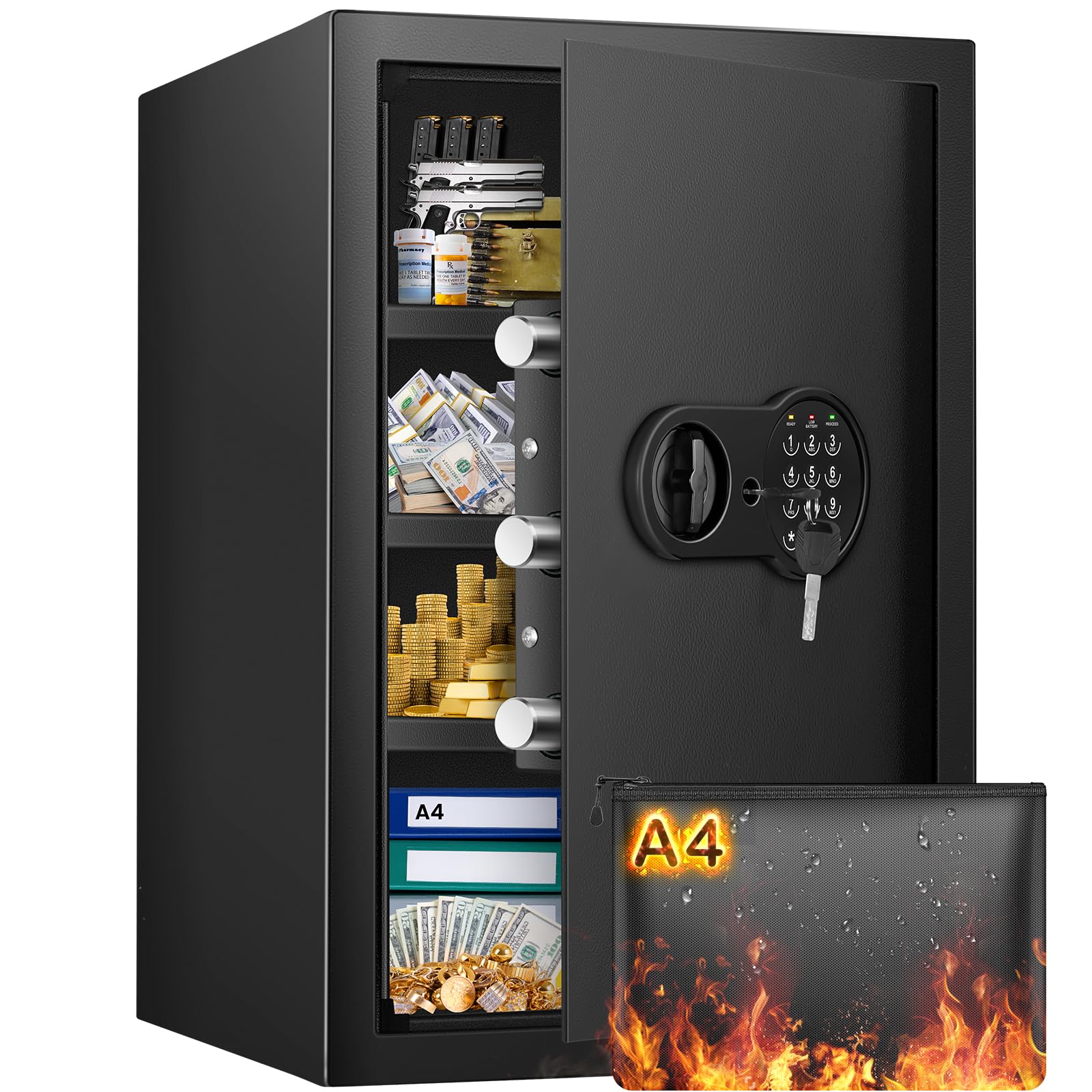 4.0 Cu Ft Fireproof Waterproof Home Safe Box - Extra Large Digital Security Safe with Keypad, 3 Removable Steel Shelves & Fireproof Document Bag - Protect Money, Jewelry, Medicines & Valuables - Ideal for Home, Office & Emergency Storage