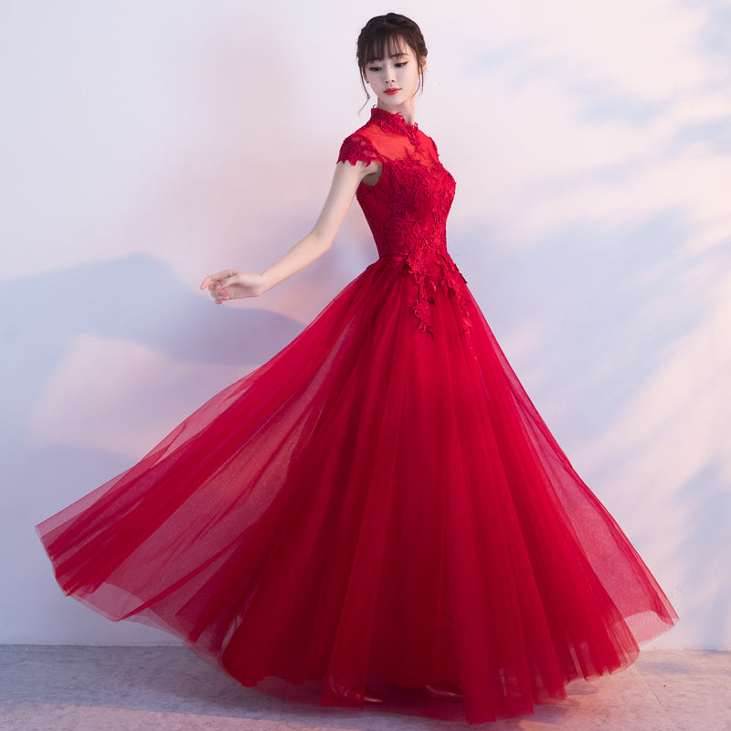 Elegant Red Floor-Length Tulle Wedding Qipao Cheongsam Dress for Brides - Perfect for Traditional Chinese Ceremonies, Photoshoots & Cultural Events