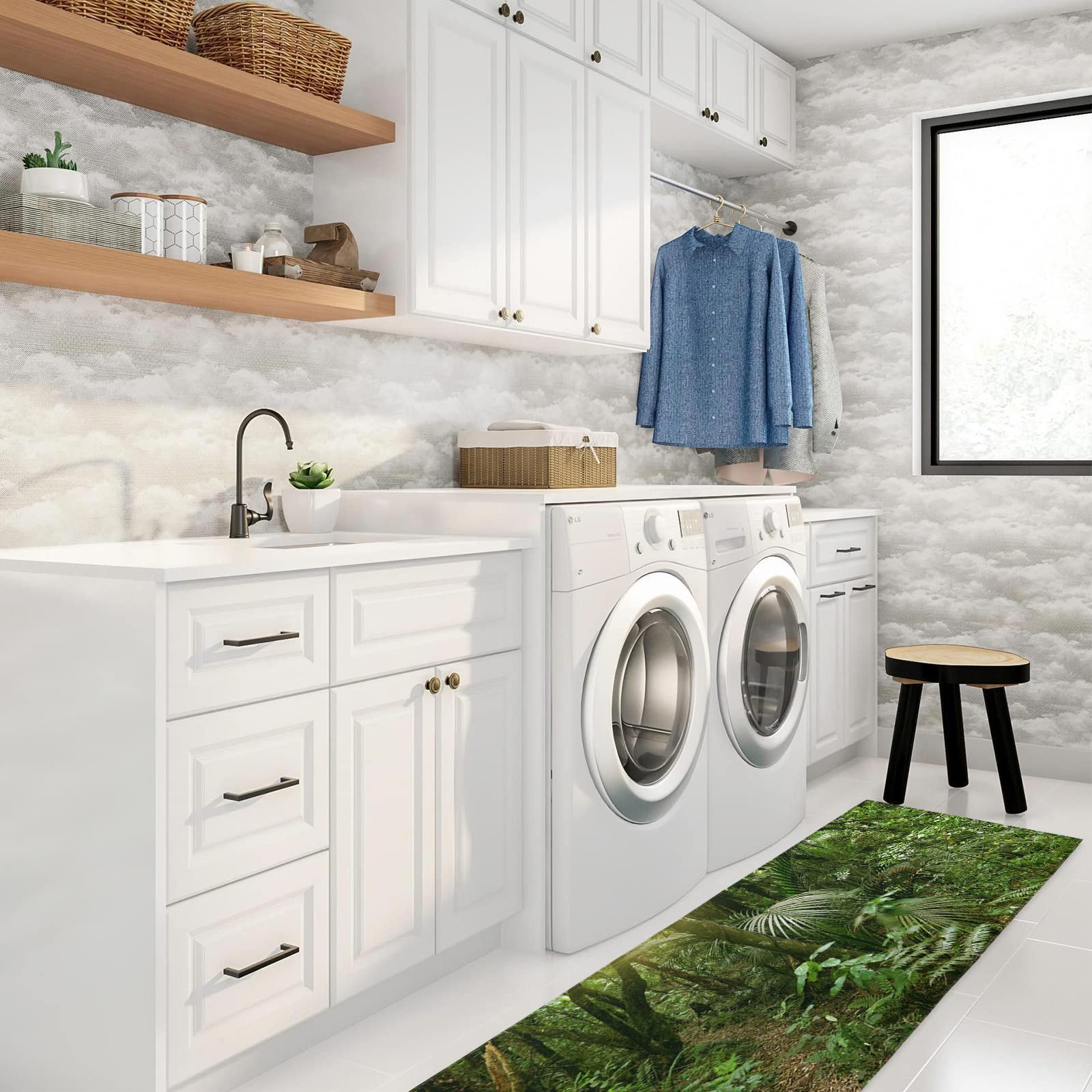Premium 2-Piece Kitchen Rug Set - Cushioned Anti-Fatigue Floor Mats with Waterproof Backing for Comfortable Standing (23.6x35.4in + 23.6x70.9in) - Jungle Tropical Design - Perfect for Kitchens, Laundry Rooms & Standing Workstations