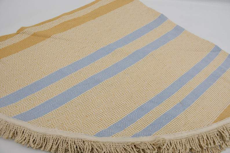Premium 100% Cotton Round Beach Towel - Soft & Absorbent Blue & Yellow Striped Design - Perfect for Pool, Beach, Vacation & Outdoor Activities