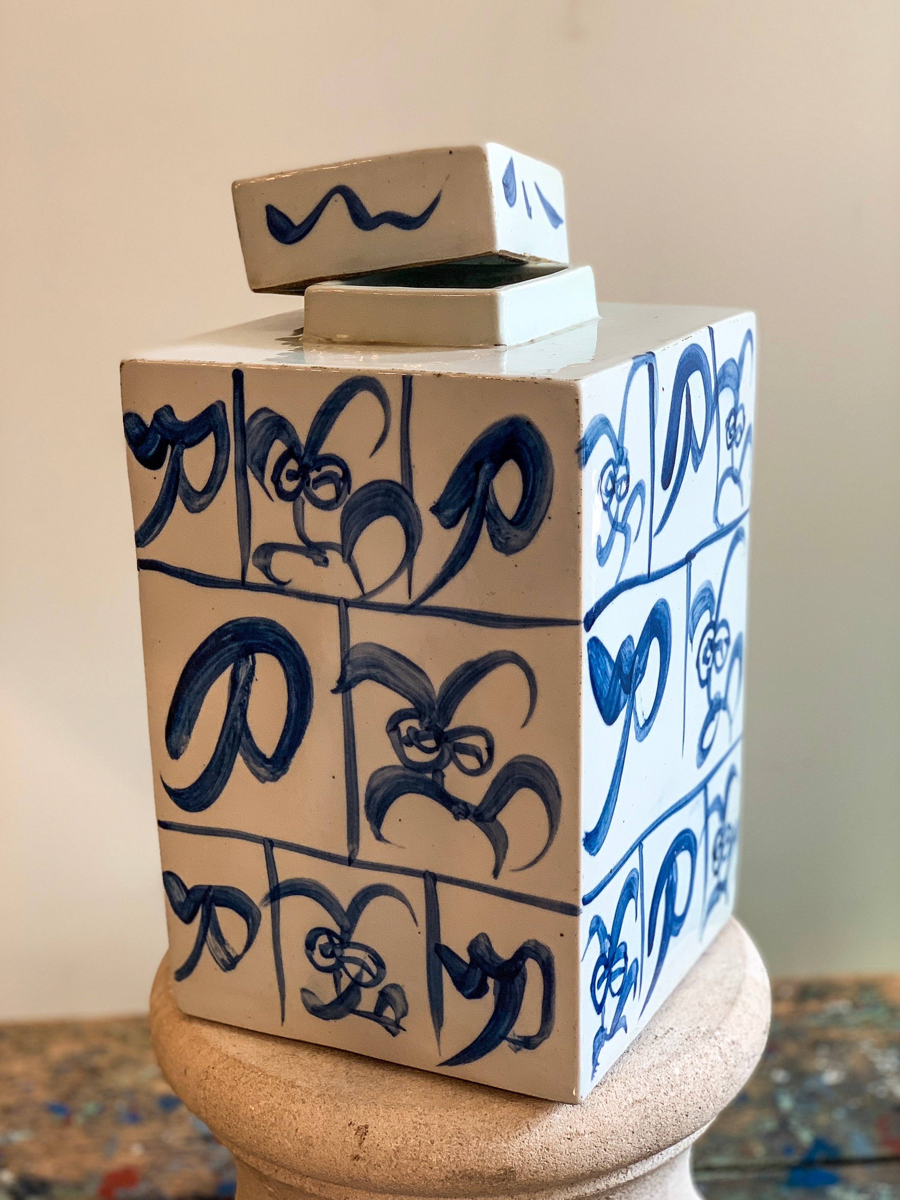 Modern Square Blue & White Ceramic Lidded Jar - Handmade Decorative Storage Container for Kitchen, Bathroom & Office | Perfect for Organizing Spices, Cotton Balls or Desk Supplies