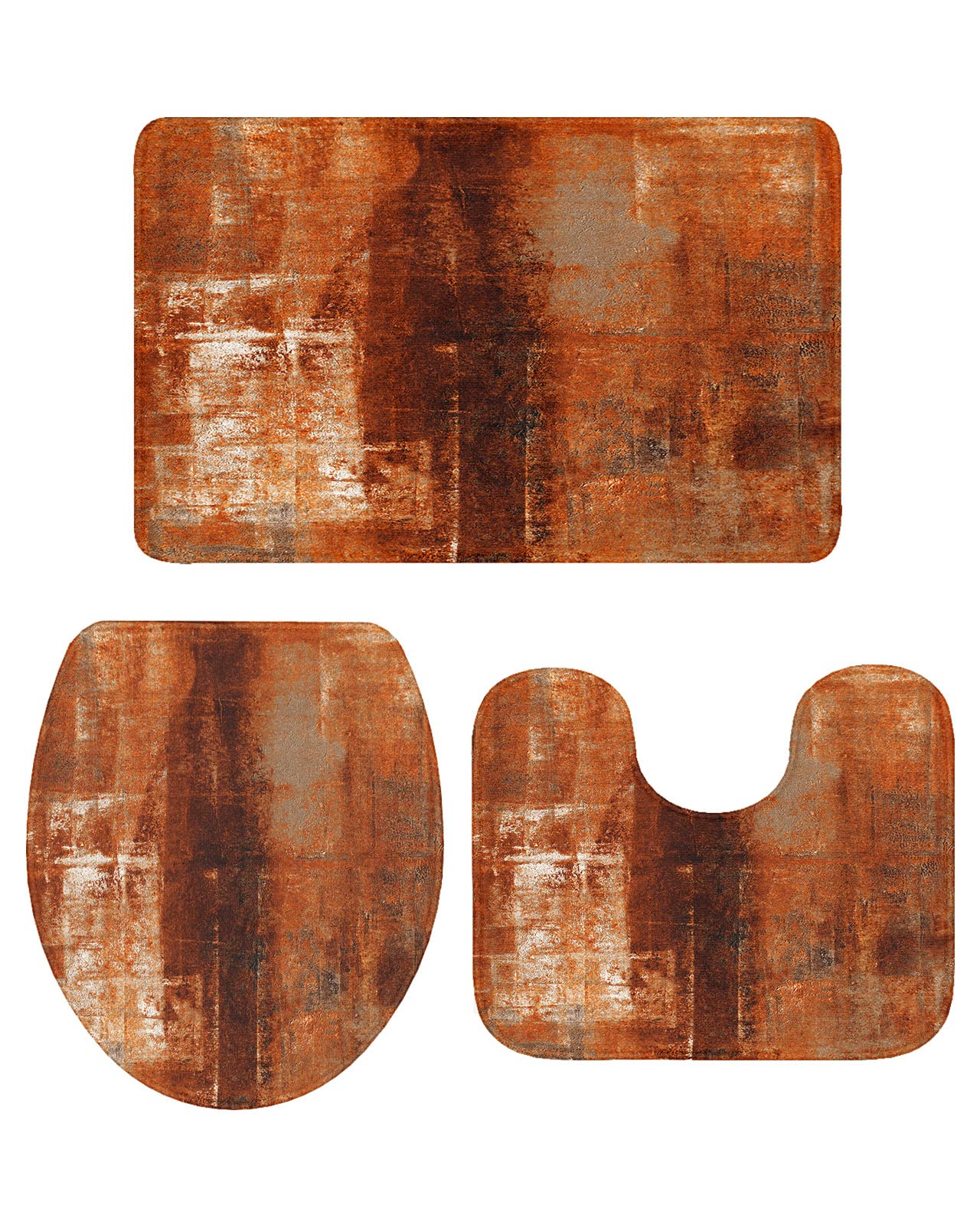 Farmhouse Bathroom Rugs Set 3-Piece, Non-Slip Geometric Caramel Orange Bath Mat, Toilet Lid Cover & Decor Mat - Soft Absorbent Cotton for Modern Farmhouse, Cottage or Boho Style Bathroom Decor