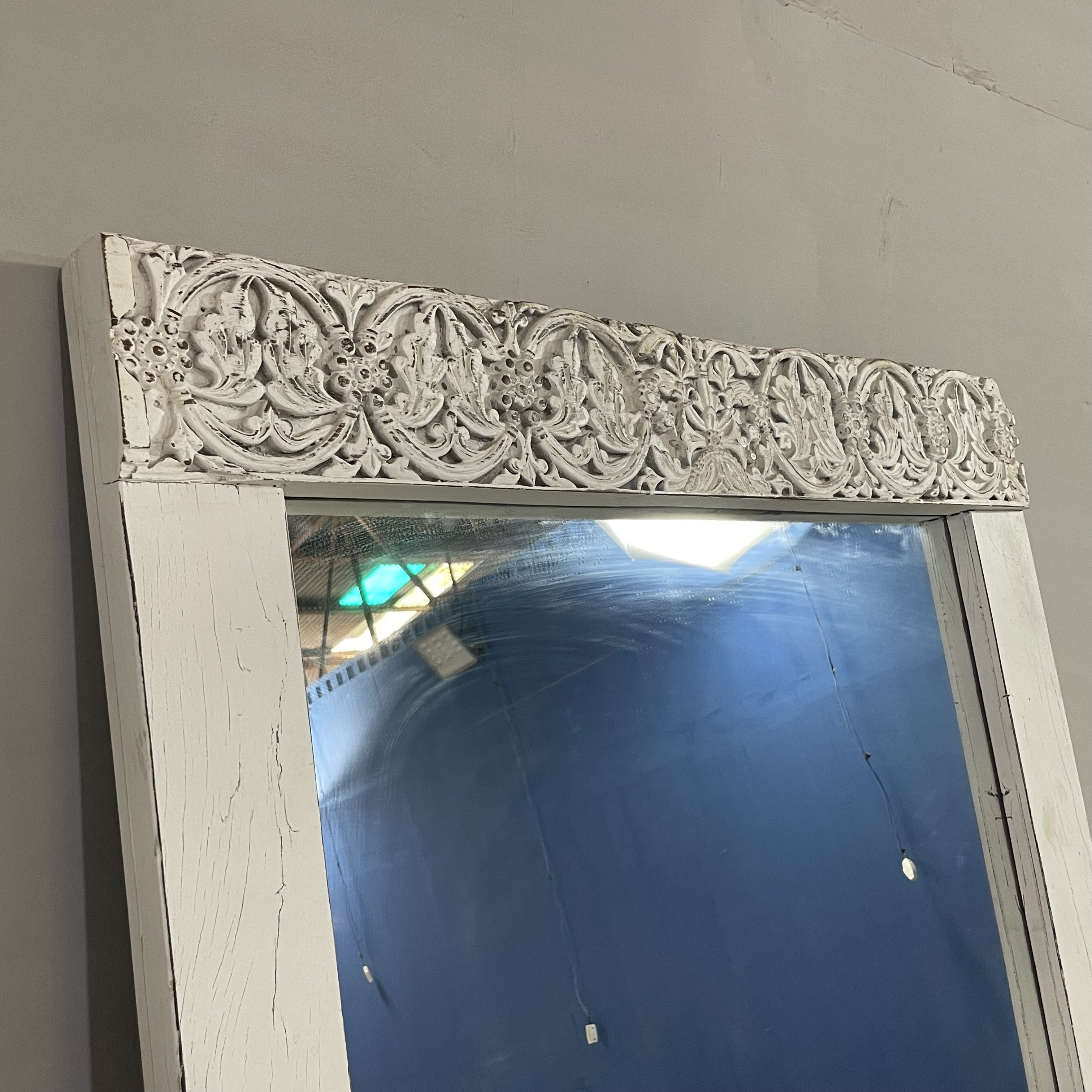 Handcrafted Indian Solid Hardwood Mirror Frame - White Carved Wooden Mirror - 47