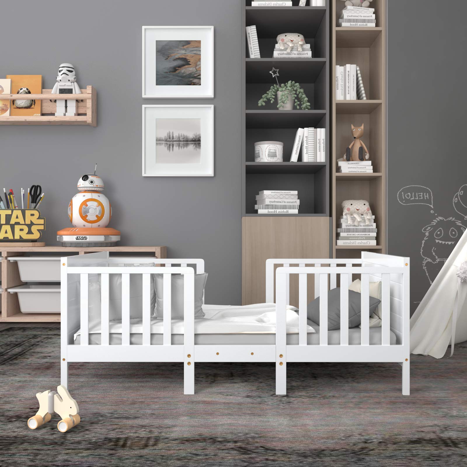 Costzon 2-in-1 Convertible Wood Toddler Bed Frame with Safety Guardrails & Footboard - White Kids Floor Bed for Boys & Girls - Fits Full Size Crib Mattress - Perfect for Nursery, Daycare or First Big Kid Bed
