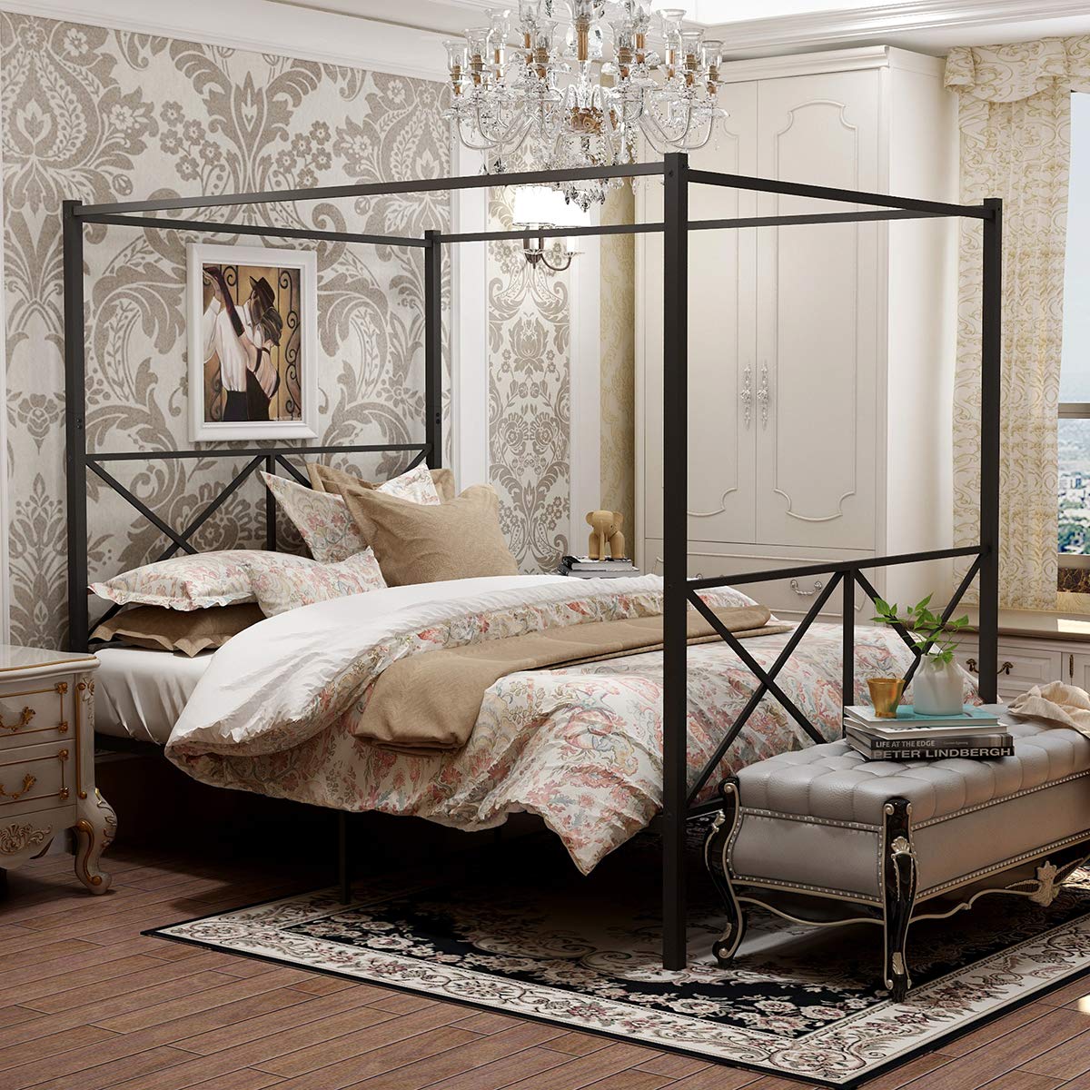 HUAYICUN Metal Canopy Bed Frame with Headboard & Footboard - Sturdy Steel Slat Support Mattress Foundation (No Box Spring Needed) - Perfect for Master Bedroom, Guest Room & Dormitory Decor