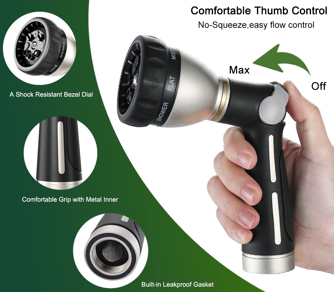FANHAO Heavy Duty Garden Hose Nozzle with Thumb Control - 8 Spray Patterns for Watering, Washing Cars & Outdoor Cleaning