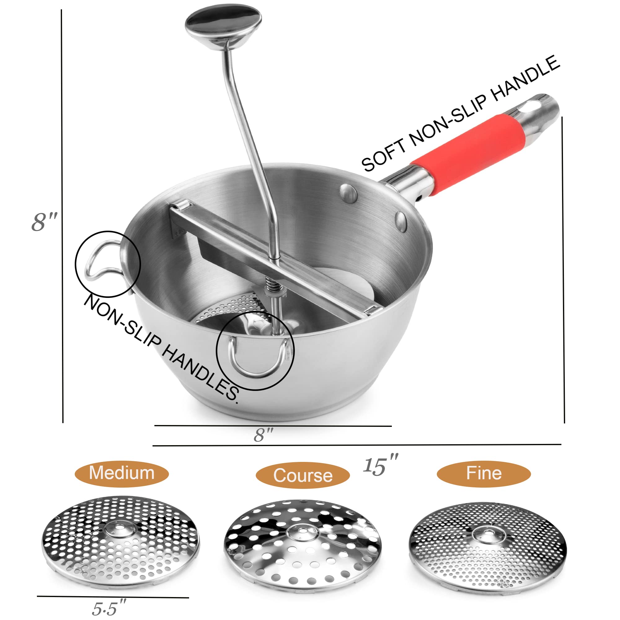 Stainless Steel Food Mill with 3 Grinder Discs - Hand Crank Grain Mill for Mashing Potatoes, Straining Fruits & Vegetables - Perfect for Baby Food, Purees & Homemade Sauces - Bezrat (Red)