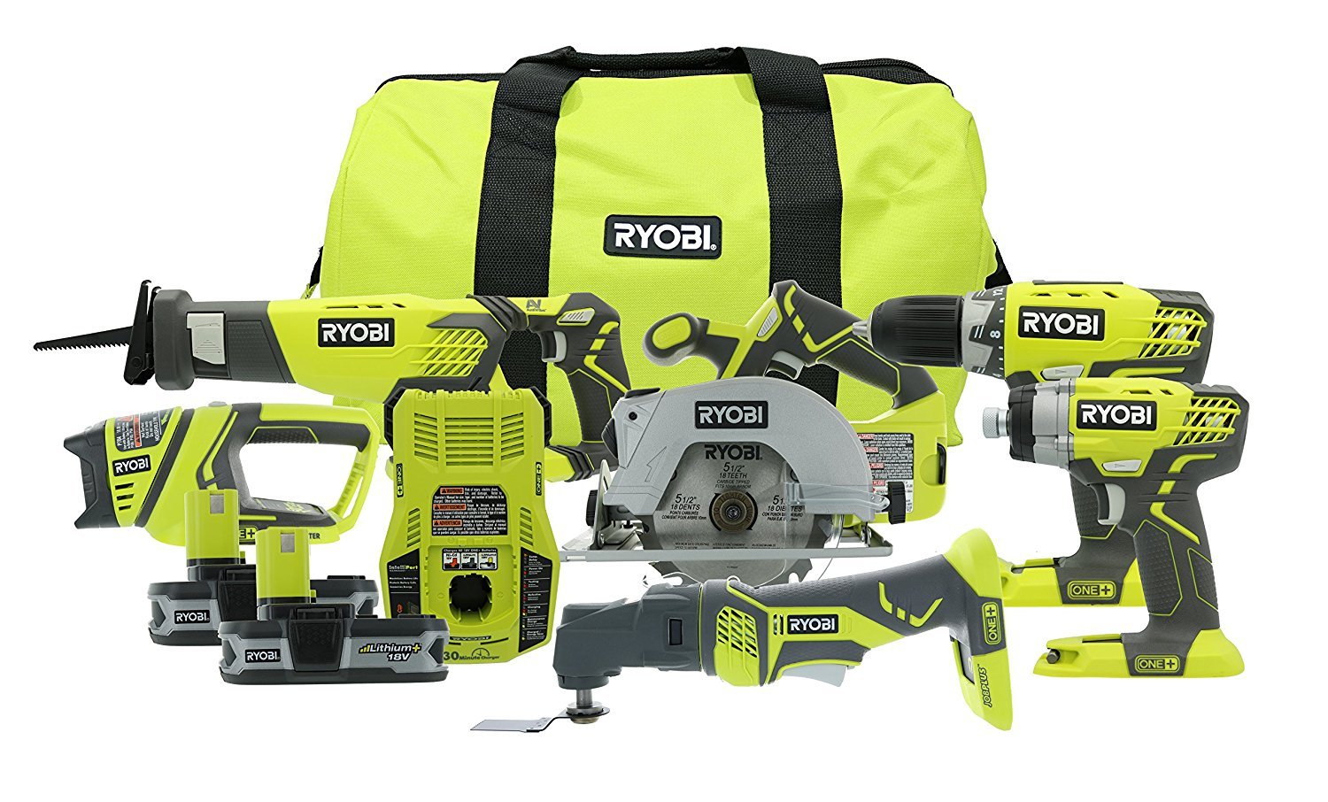 RYOBI P884 18V ONE+ Lithium-Ion Cordless 6-Tool Combo Kit - Drill, Impact Driver, Circular Saw, Reciprocating Saw, Work Light, and Battery Charger - Perfect for DIY Projects, Home Repairs, and Construction Work