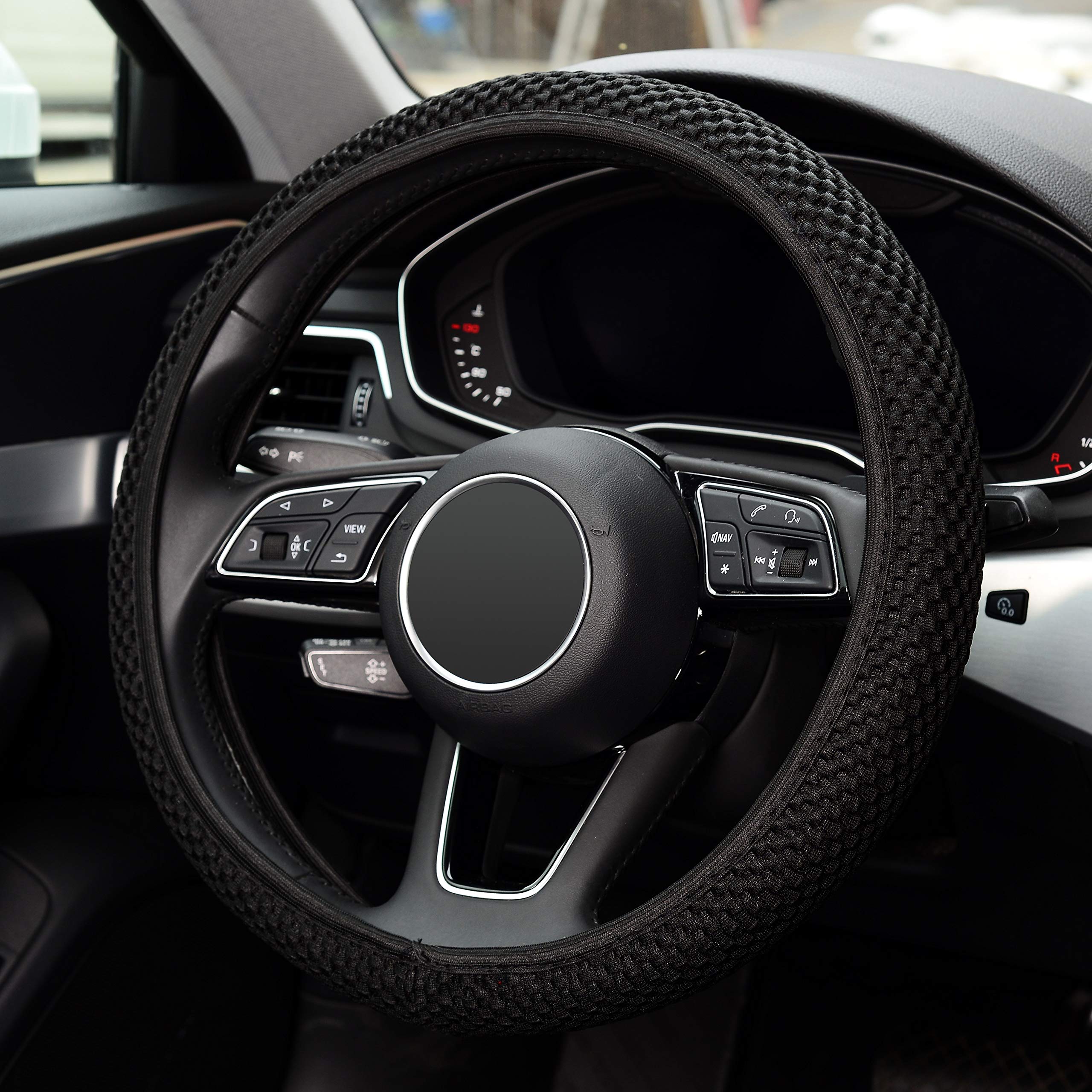 LABBYWAY Microfiber Steering Wheel Cover - Universal 15 Inch Elastic Stretch Car Steering Wheel Cover | Non-Slip Grip | Warm in Winter & Cool in Summer | Black | Perfect for Daily Commuting & Road Trips