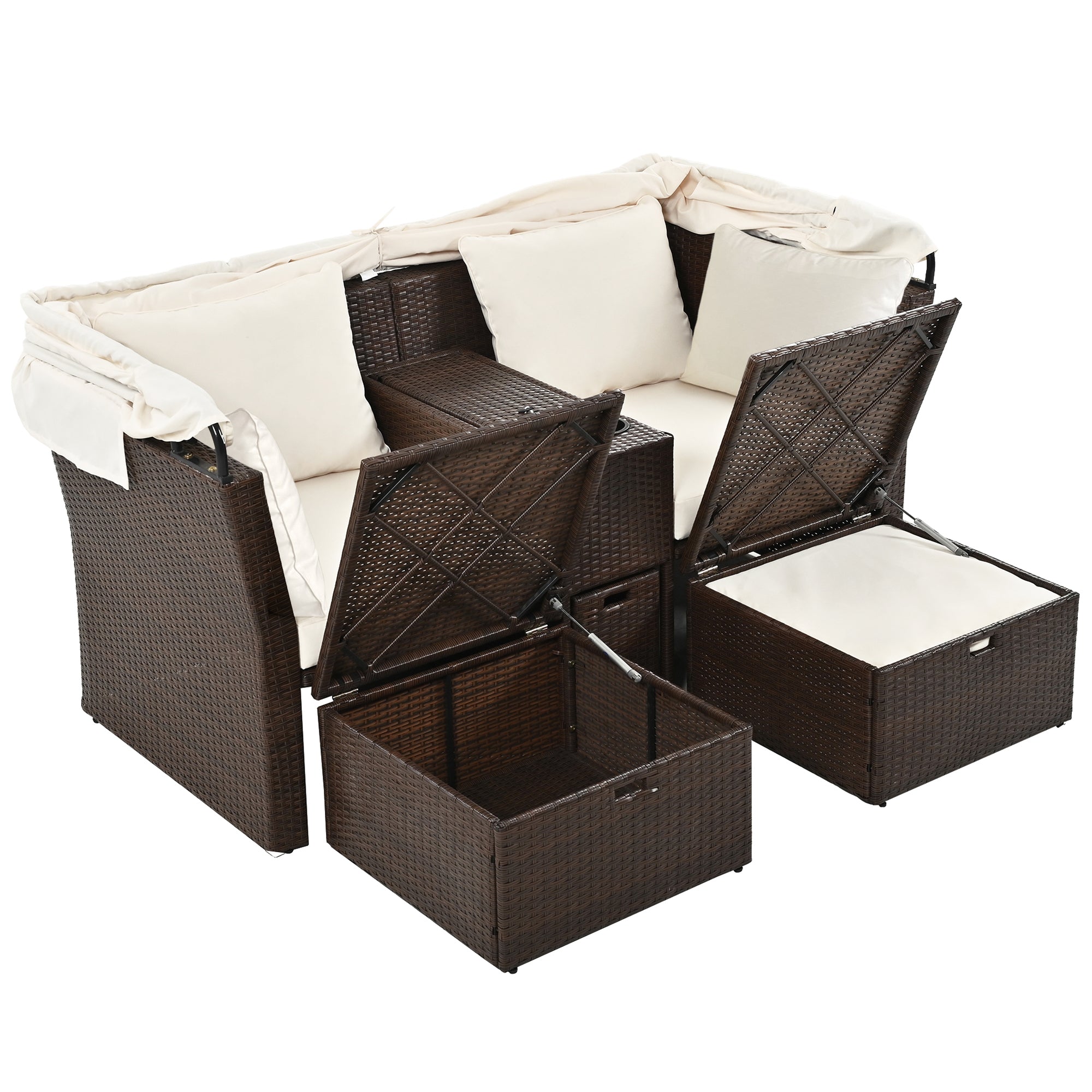 2 Seater Outdoor Patio Daybed with Foldable Awning & Cushions - Double Loveseat Sofa Set for Garden, Balcony, Poolside - Perfect for Relaxing, Sunbathing & Outdoor Lounging (Beige)