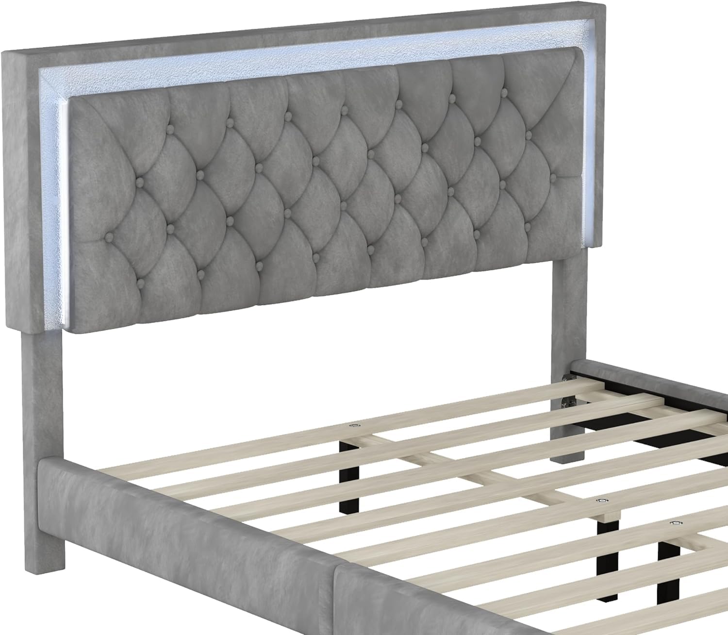 Linique 3-Piece Queen Size Bedroom Set - Velvet Upholstered Platform Bed Frame with LED Lights & Nightstands, Wooden Bed with Button Tufted Headboard in Grey | Modern LED Bedroom Furniture for Master Bedroom, Guest Room & Apartment Decor