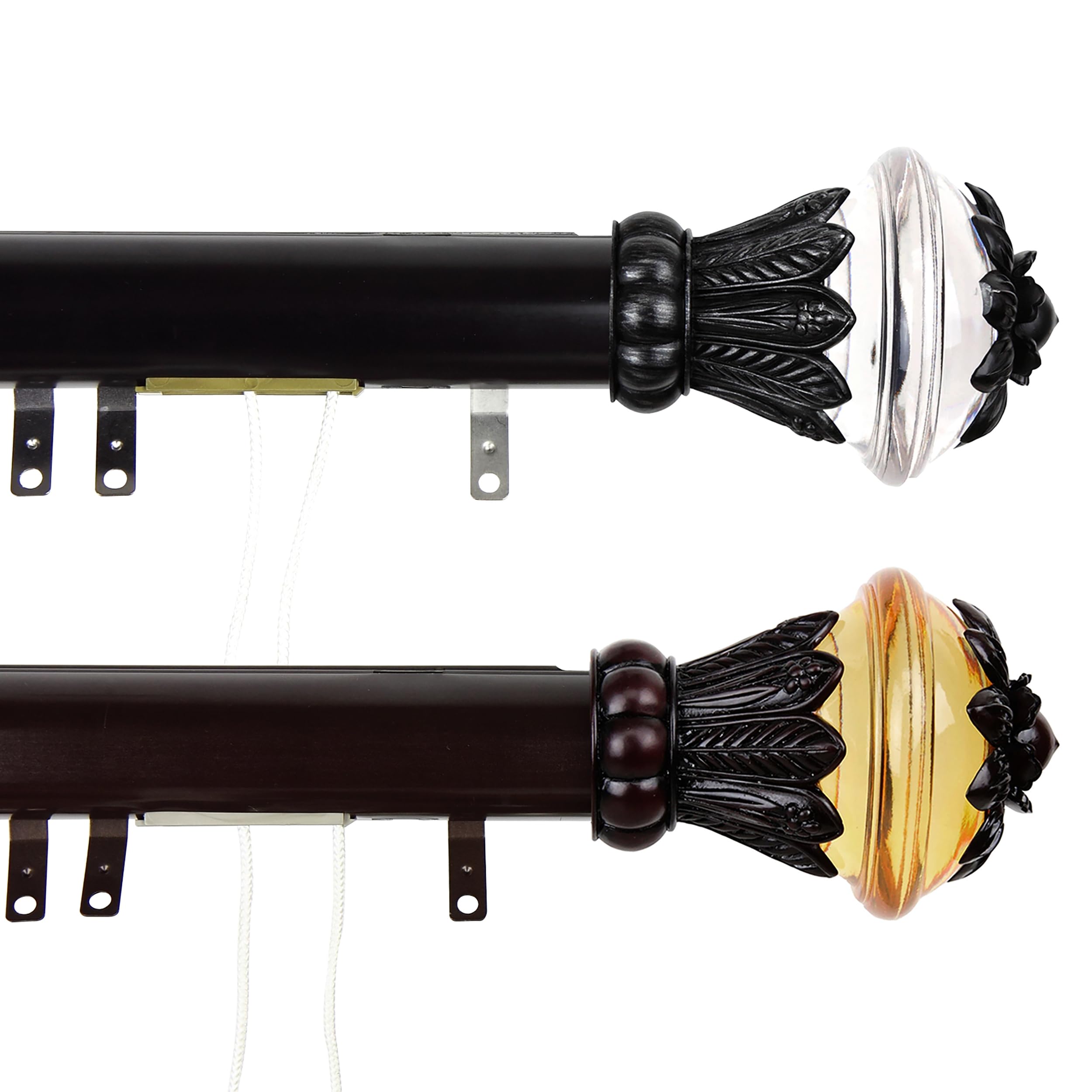 Black Decorative Traverse Curtain Rod with Sliders & Frond Finials (66-120 Inches) - Heavy Duty Drapery Track for Living Room, Bedroom & Windows