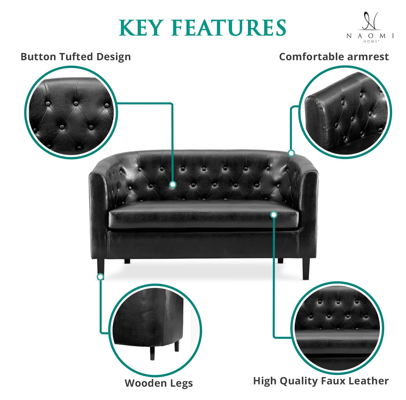 Emma Loveseat - Button Tufted Faux Leather Barrel Loveseat | Midcentury Modern 2-Seater Sofa for Small Spaces | Easy Tool-Free Assembly | Perfect for Living Rooms, Bedrooms & Apartments (Black) - Cozy Seating for Movie Nights & Relaxing Evenings