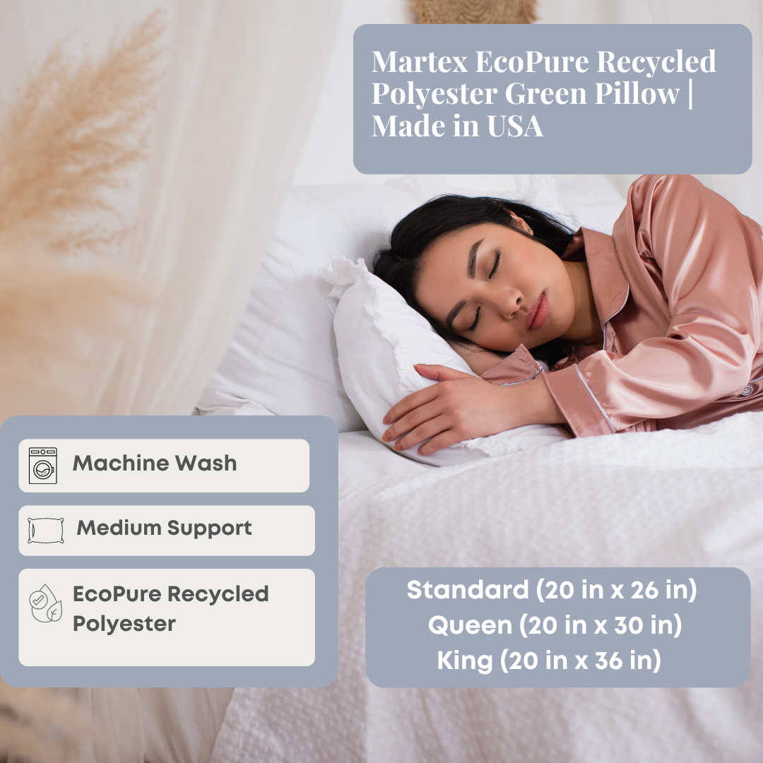 Martex EcoPure Recycled Polyester Green Pillow - Hypoallergenic & Sustainable Bed Pillow for Side Sleepers | Made in USA | Perfect for Eco-Friendly Home & Guest Room Decor