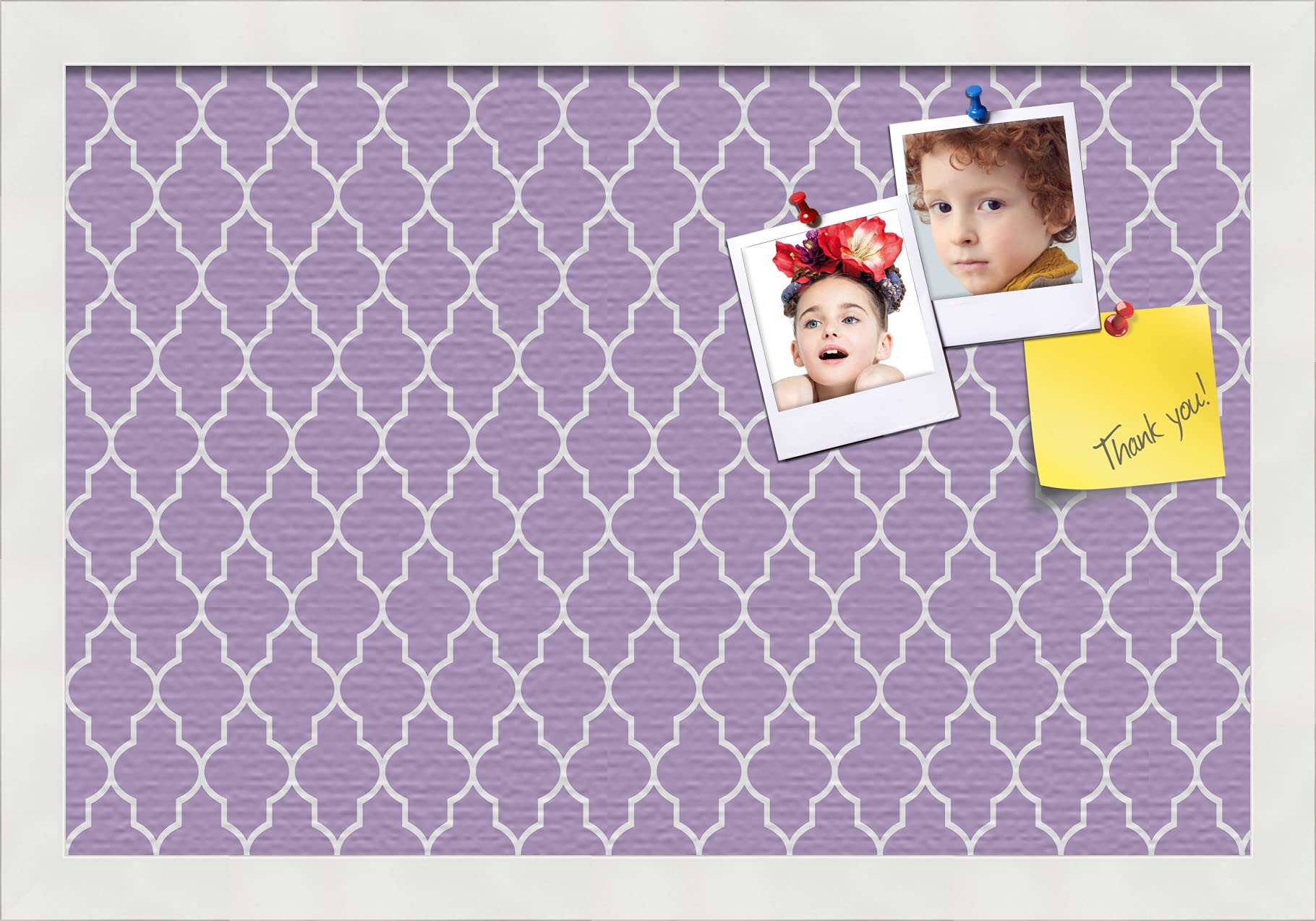 Custom 18x12 Cork Bulletin Board with Quatrefoil Light Purple Design - Framed in Satin White - Perfect for Home Office, Classroom, or Dorm Room Decor (PinPix-489)