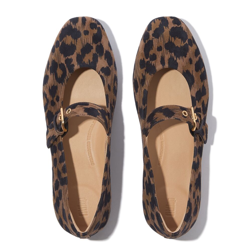 FitFlop Delicato Leopard Print Suede Mary Jane Shoes in Chocolate Mix - Comfortable & Stylish Women's Slip-Ons for Work, Walking & Casual Outfits