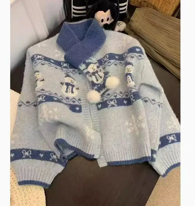 2024 Women's Autumn Winter Fashion Patchwork Single Breasted Knit Cardigan Sweater - Round Neck Long Sleeve Tops with Scarf Set for Casual Outfits & Office Wear