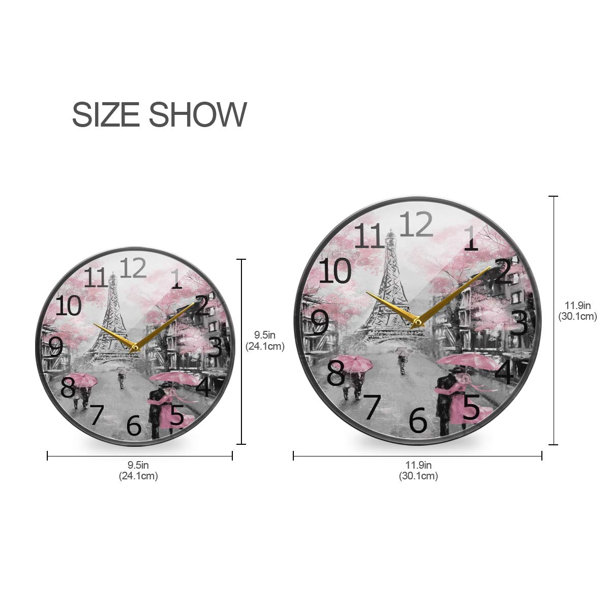 ALAZA Paris Eiffel Tower Couple Pink Floral Acrylic Painted Silent Non-Ticking Round Wall Clock - 9.5 Inch Battery Operated Quiet Decorative Clock for Home, Bedroom, Living Room, Dorm, Office & School - Perfect Romantic Gift & Wall Art Decor for Couples, Anniversaries & French-Themed Spaces