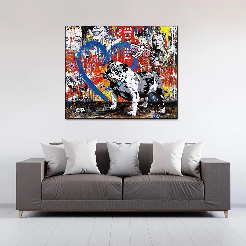 Urban Street Graffiti Art Dog Canvas Wall Painting - Modern Home Decor for Living Room, Bedroom & Office