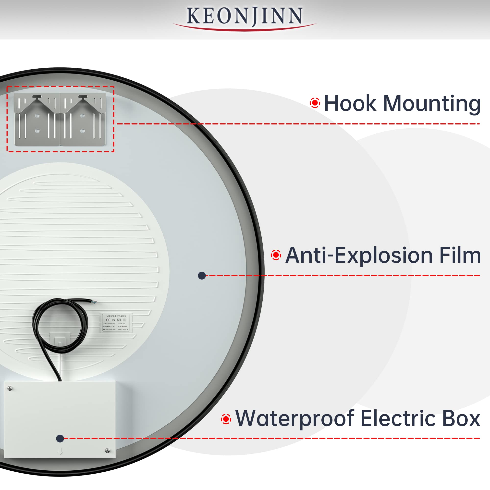 Keonjinn 24 Inch Round LED Bathroom Mirror with Dimmable Frontlit Lights - Black Metal Framed Wall Mirror with Defogging Function - 6000K White Light Vanity Makeup Mirror for Bathroom, Bedroom & Dressing Room