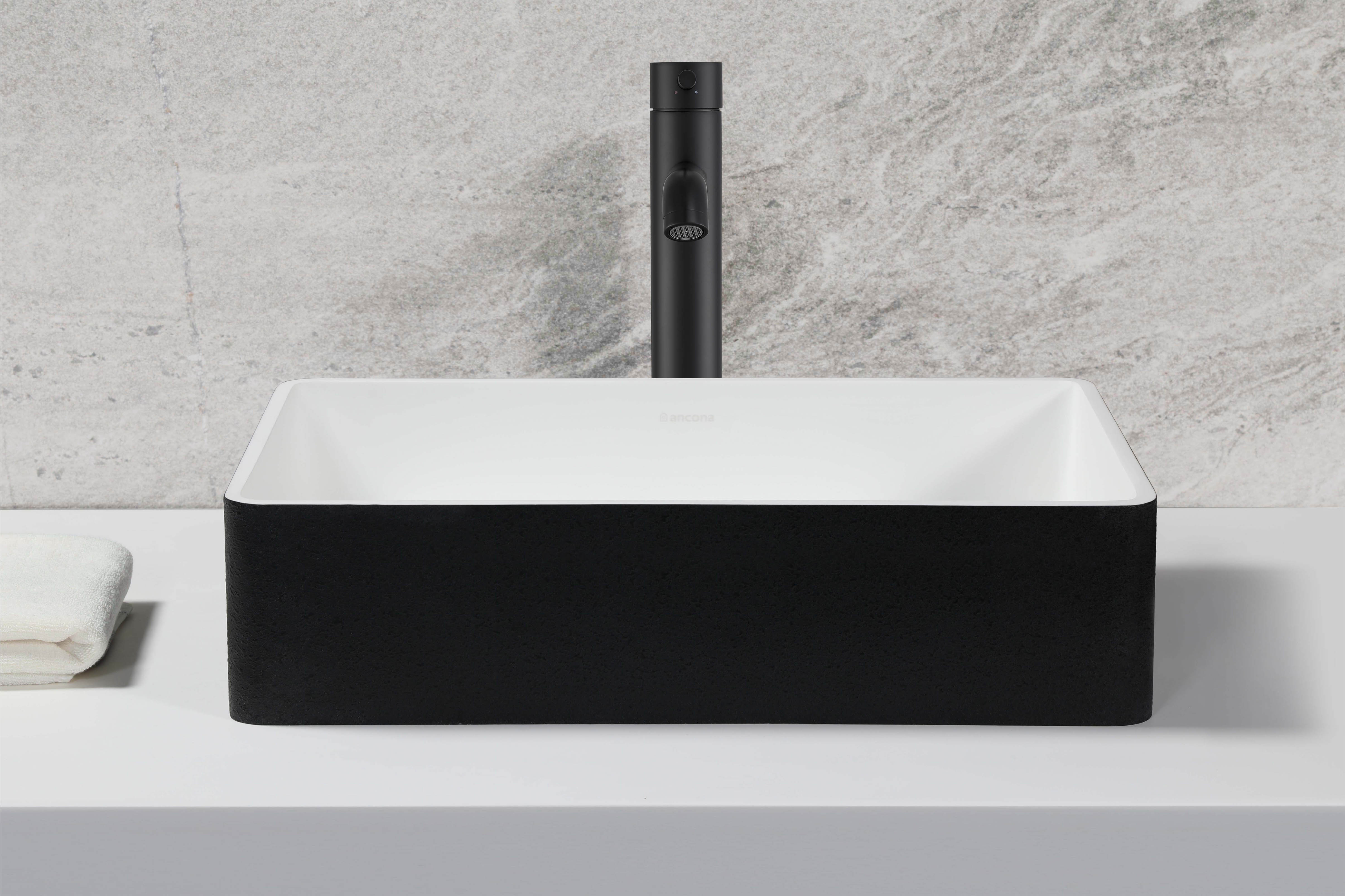 Ancona Holbrook Pure Stone Rectangular Bathroom Vessel Sink - Black & White - Modern Vanity Sink for Bathroom Remodel, Powder Room, or Luxury Master Bath