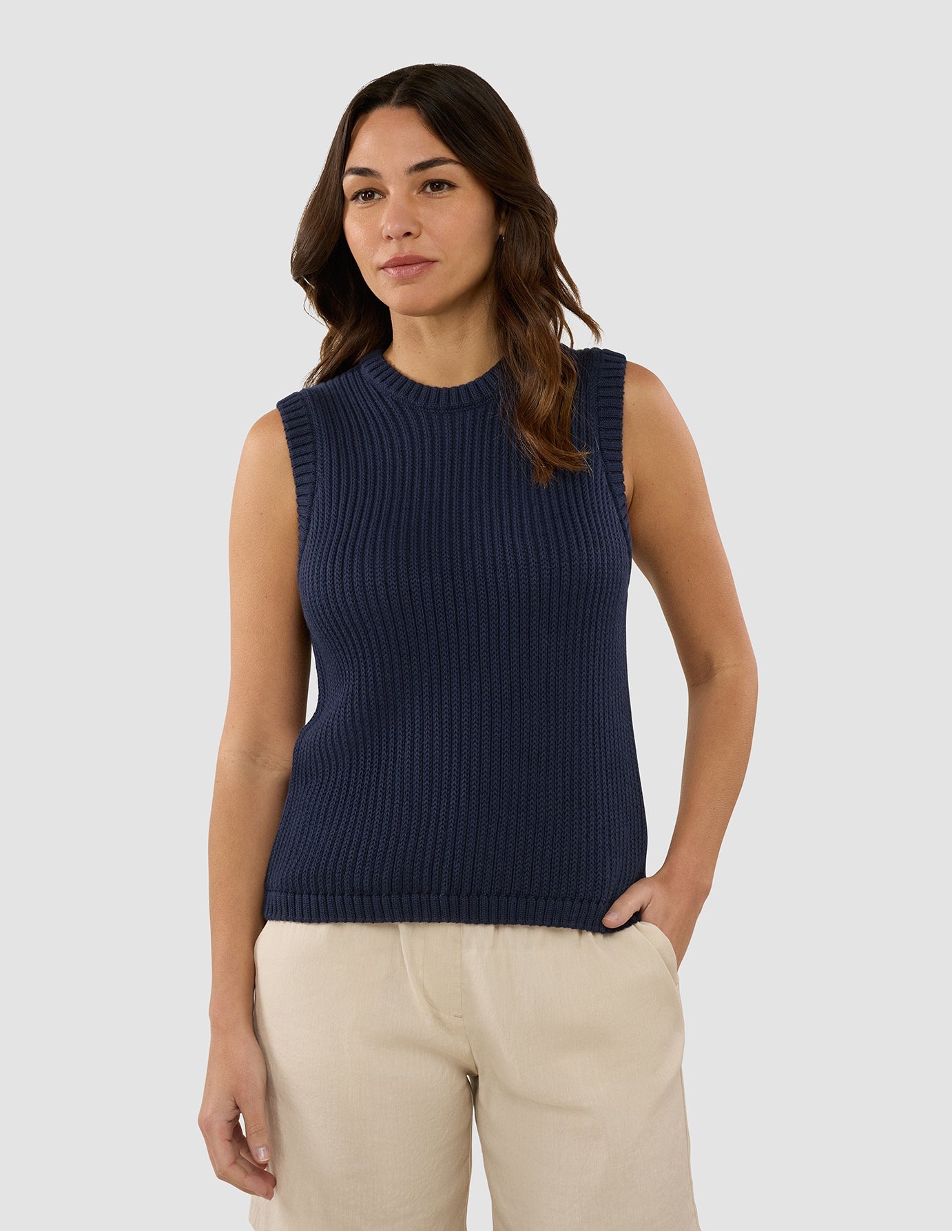 Women's Structured Knit Top Navy Blue - Comfortable & Stylish Crew Neck Long Sleeve Shirt for Work, Office & Casual Wear