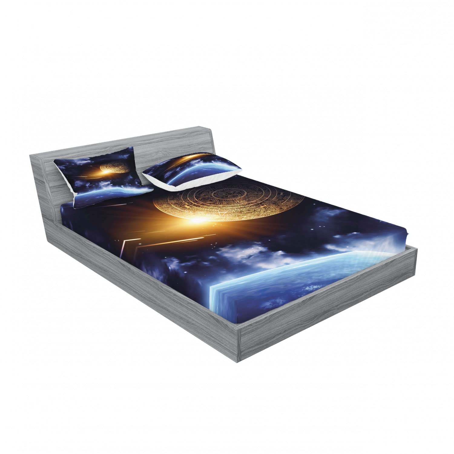 Ambesonne Space Themed 2-Pack Full Size Fitted Sheet Set with 4 Pillow Shams - Earth Landscape Design in Blue & Yellow - Bedding Decor for Kids Room, Dorm, or Space Enthusiast's Bedroom