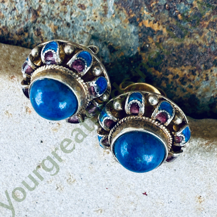 Vintage Gold Over Sterling Silver Lapis Stud Pierced Post Earrings - Cloisonné Enamel Jewelry for Women, Gift for Her, Birthday, Anniversary, Wedding, Party, Everyday Wear