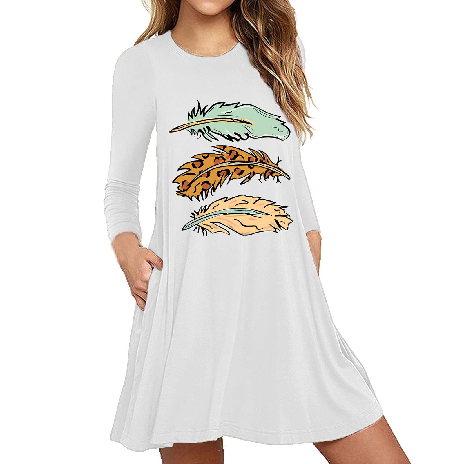 Women's Summer Casual Printed Long Sleeve Slim A-Line Sundress - Loose Fit Plus Size Beach Party Dress for Outdoor Events, Vacations & Date Nights