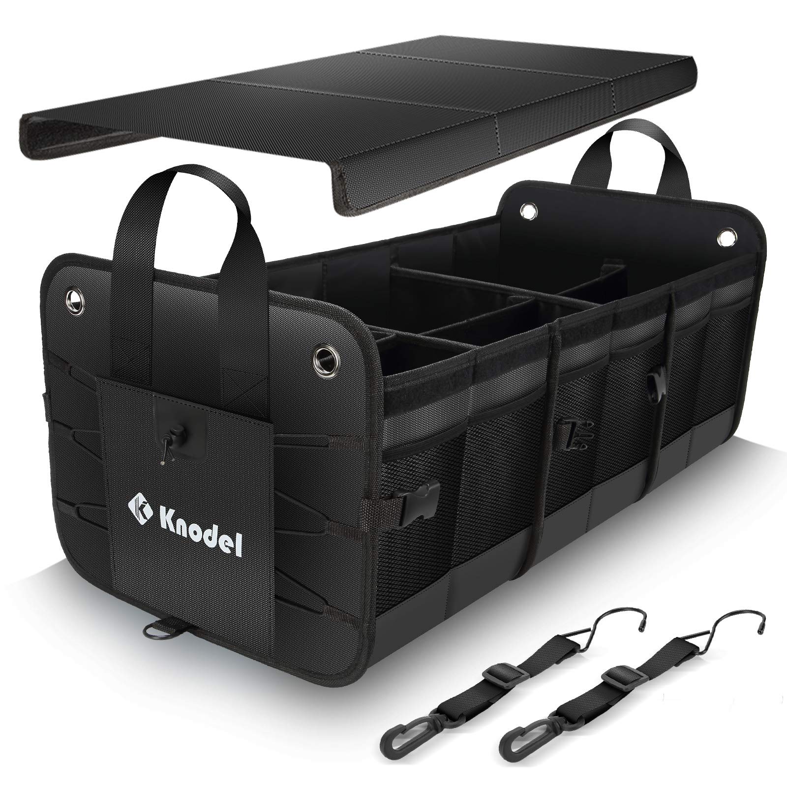 **Knodel Heavy Duty Foldable Car Trunk Organizer with Lid - 3 Compartments & Straps for SUV, Sedan, Travel - Black | Collapsible Storage for Groceries, Sports Gear, Emergency Kits**
