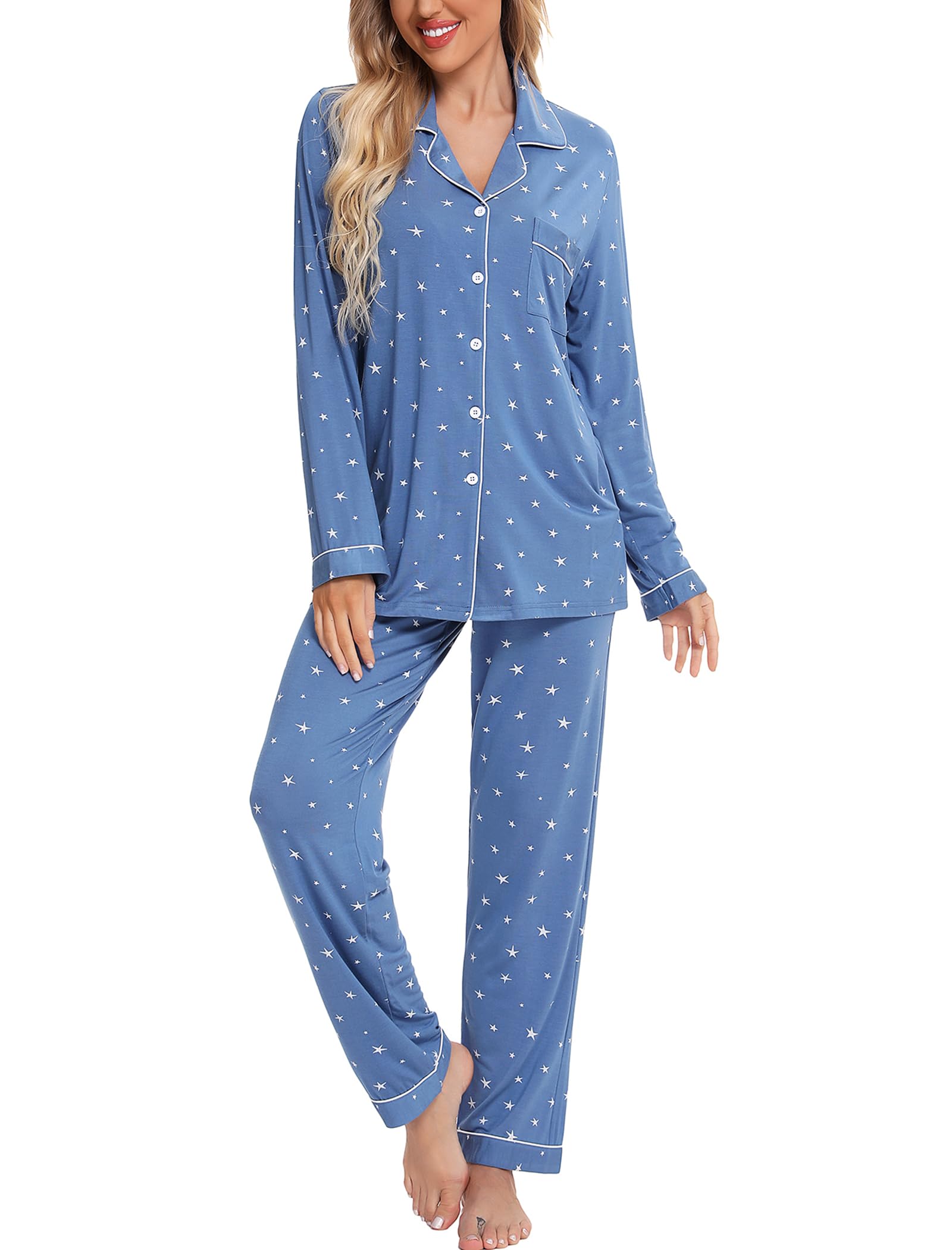 Leikar Women's Button-Up Pajama Set - Soft Long Sleeve Shirt & Lounge Pants | Cozy Sleepwear for Nighttime & Relaxing at Home