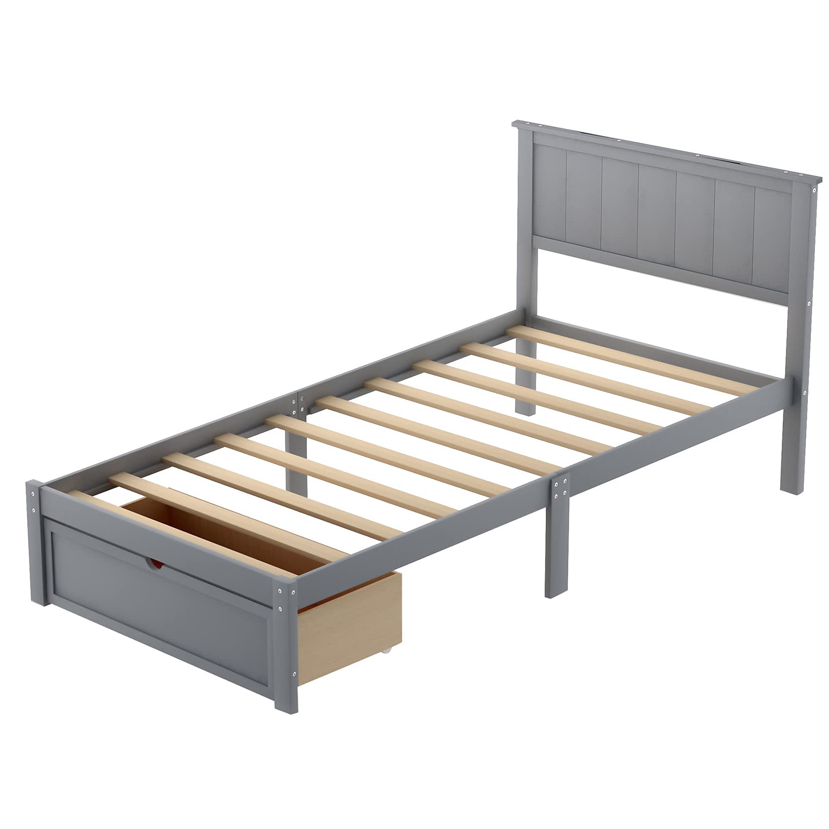 Twin Bed Frame with Headboard & Storage Drawer - Sturdy Wood Platform Bed for Kids, Teens & Adults - No Box Spring Needed - Modern Gray Finish - Perfect for Small Spaces, Guest Rooms & Dormitories