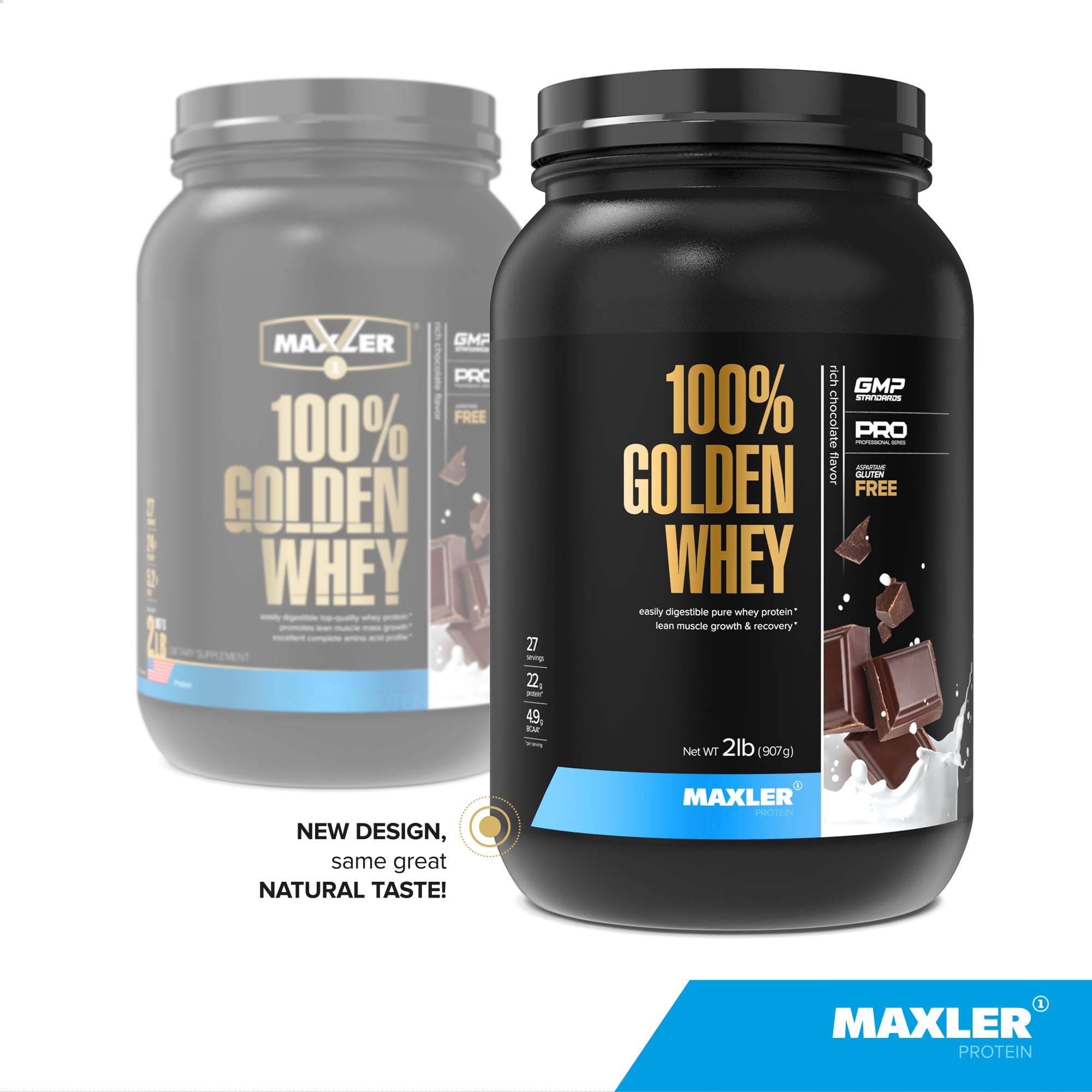 Maxler 100% Golden Whey Protein Powder - 22g Protein per Serving, Low Fat & Low Carb, Rich Chocolate Flavor (2 lbs) - Post-Workout Recovery & Muscle Building Supplement for Athletes & Fitness Enthusiasts